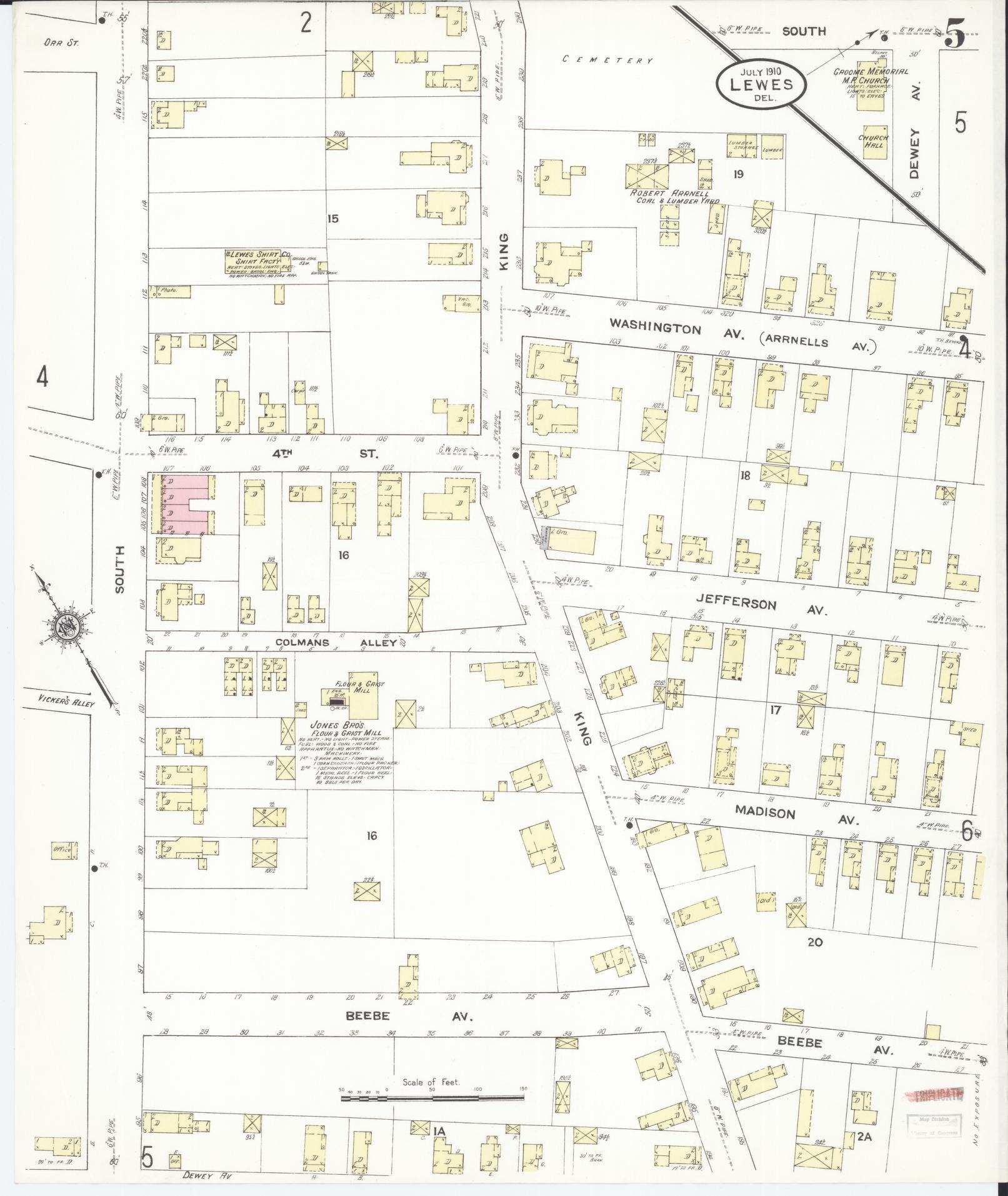 Sanborn Fire Insurance Map from Lewes, Sussex County, Delaware (1910), Sheet #0005 - Complete Map Set gallery image, historic Sanborn map, vintage wall art, Delaware Delaware