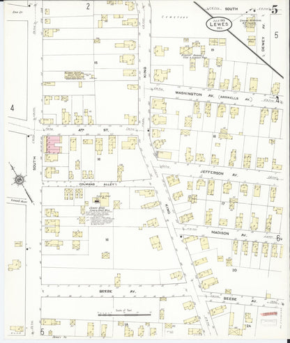 Sanborn Fire Insurance Map from Lewes, Sussex County, Delaware (1910), Sheet #0005 - Complete Map Set gallery image, historic Sanborn map, vintage wall art, Delaware Delaware