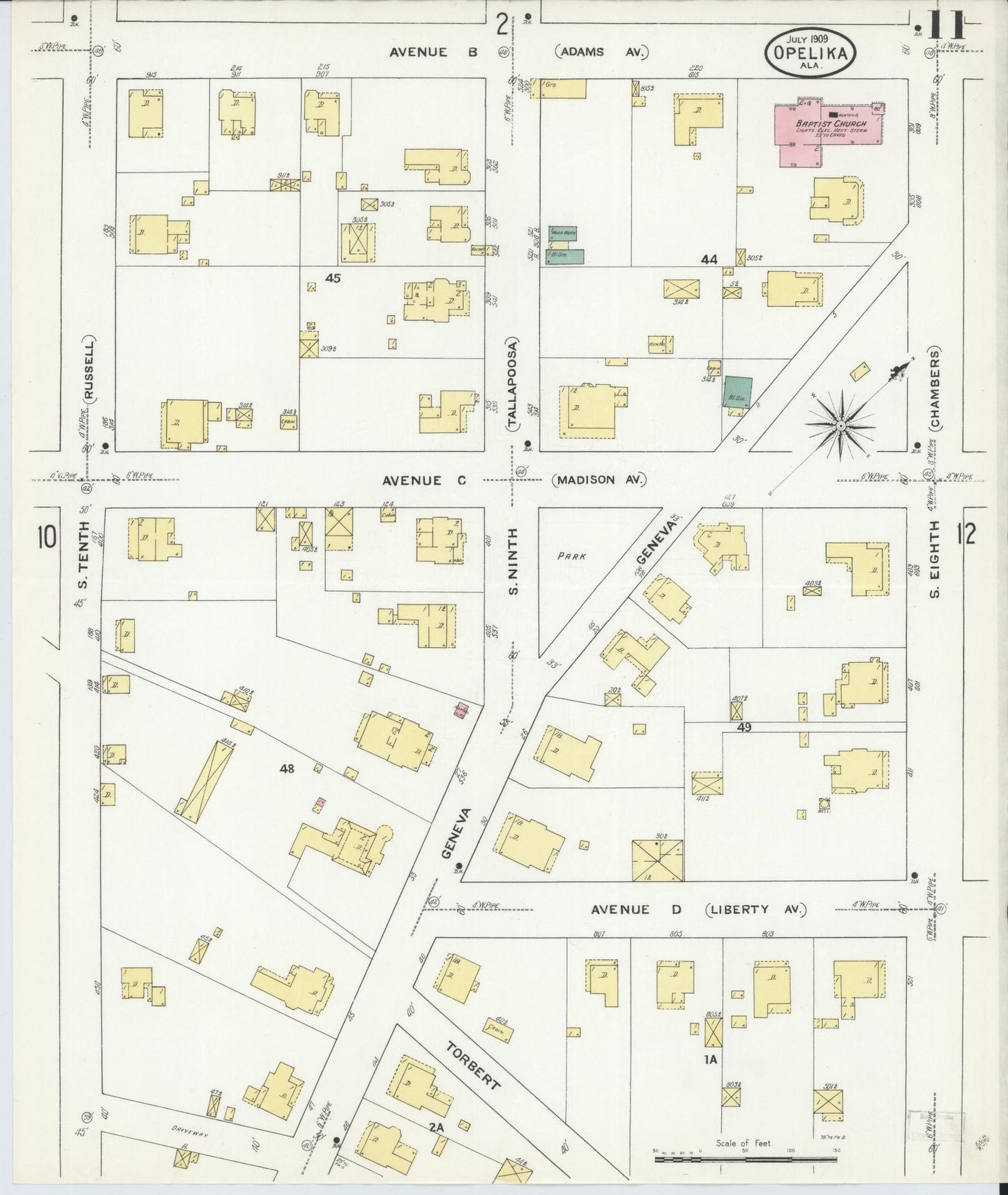 Sanborn Fire Insurance Map from Opelika, Lee County, Alabama (1909), Sheet #0011 - Complete Map Set gallery image, historic Sanborn map, vintage wall art, Alabama Alabama