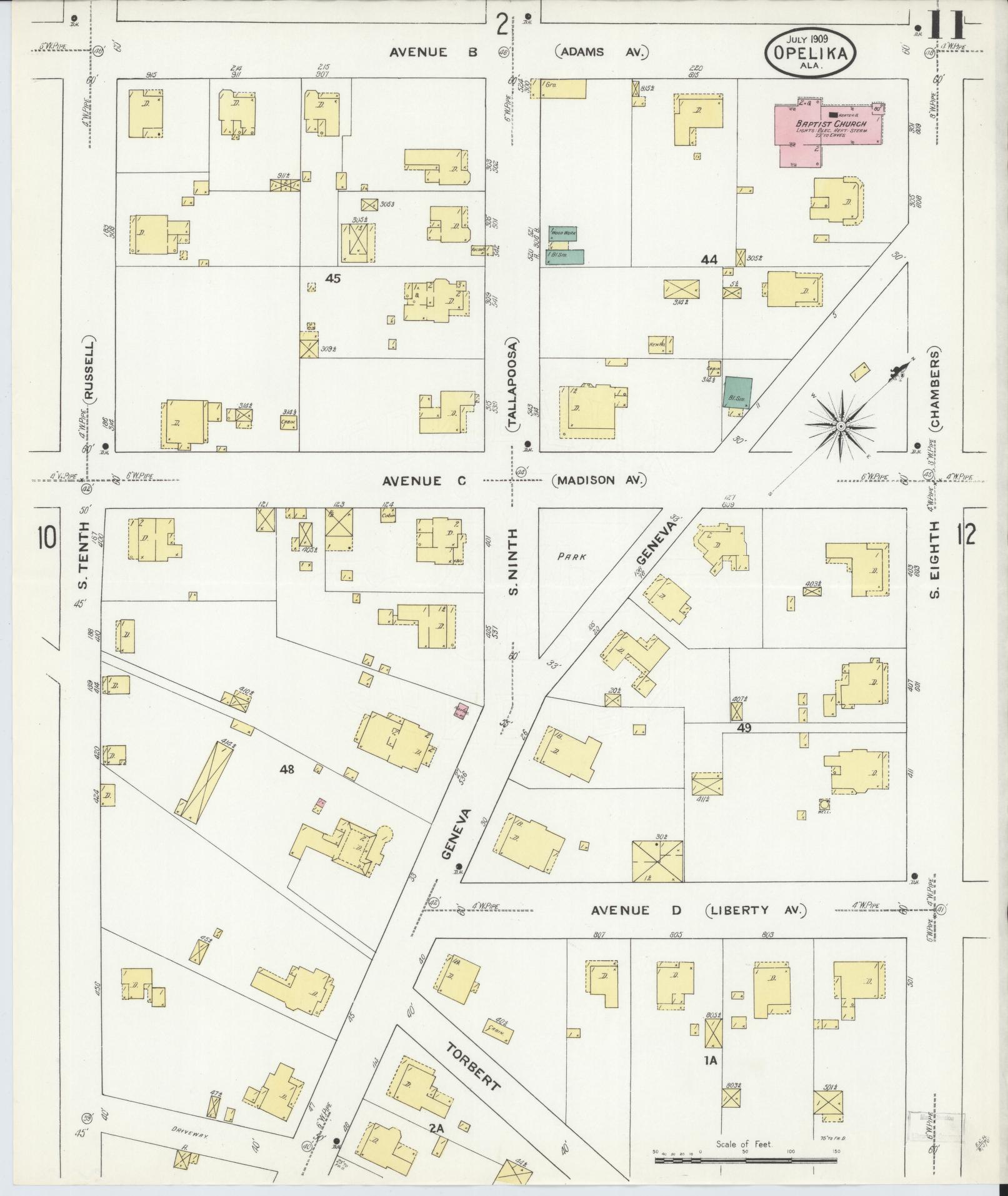 Sanborn Fire Insurance Map from Opelika, Lee County, Alabama (1909), Sheet #0011 - Complete Map Set gallery image, historic Sanborn map, vintage wall art, Alabama Alabama
