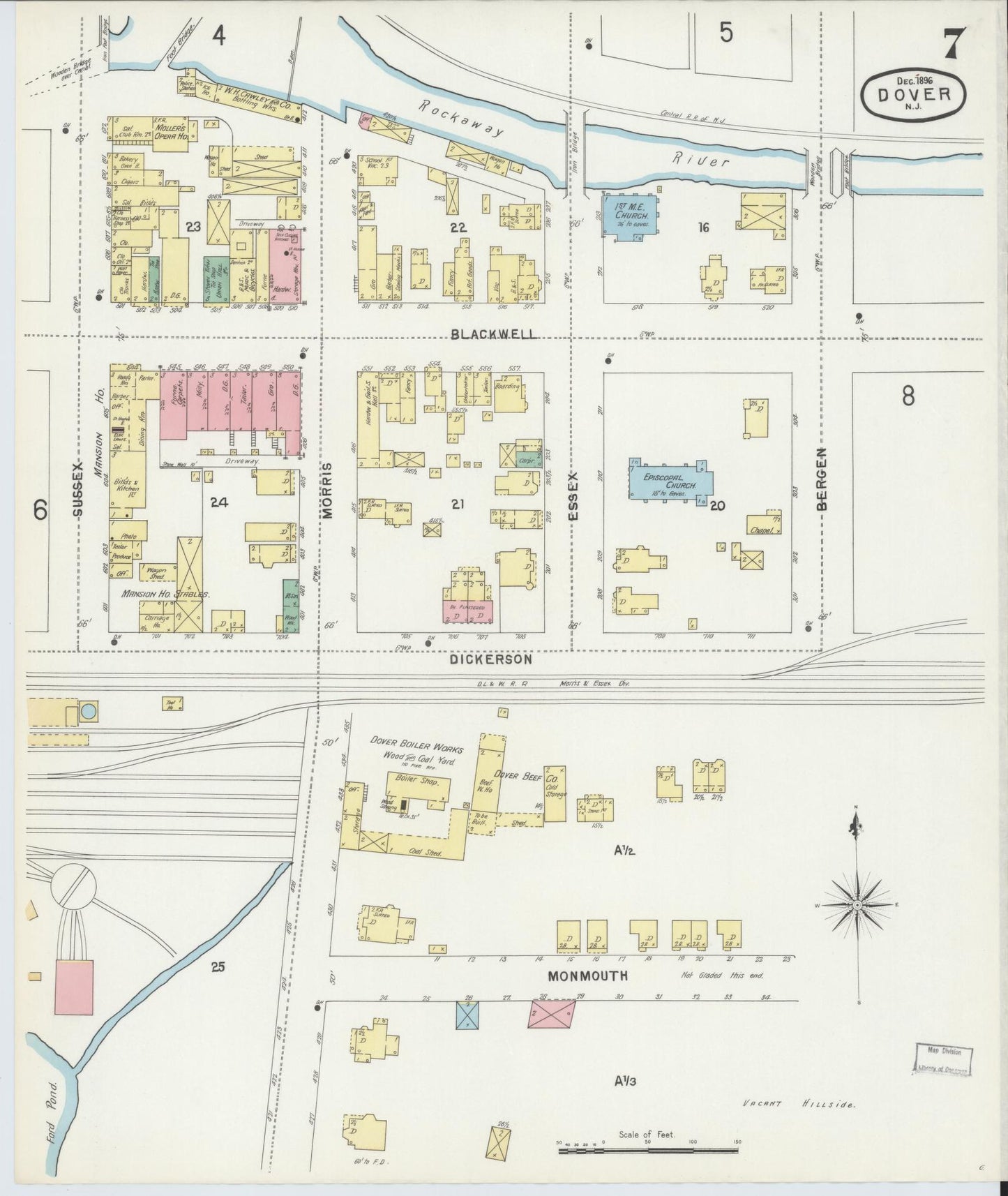 Sanborn Fire Insurance Map from Dover, Morris County, New Jersey (1896), Sheet #0007 - Complete Map Set gallery image, historic Sanborn map, vintage wall art, New Jersey New Jersey