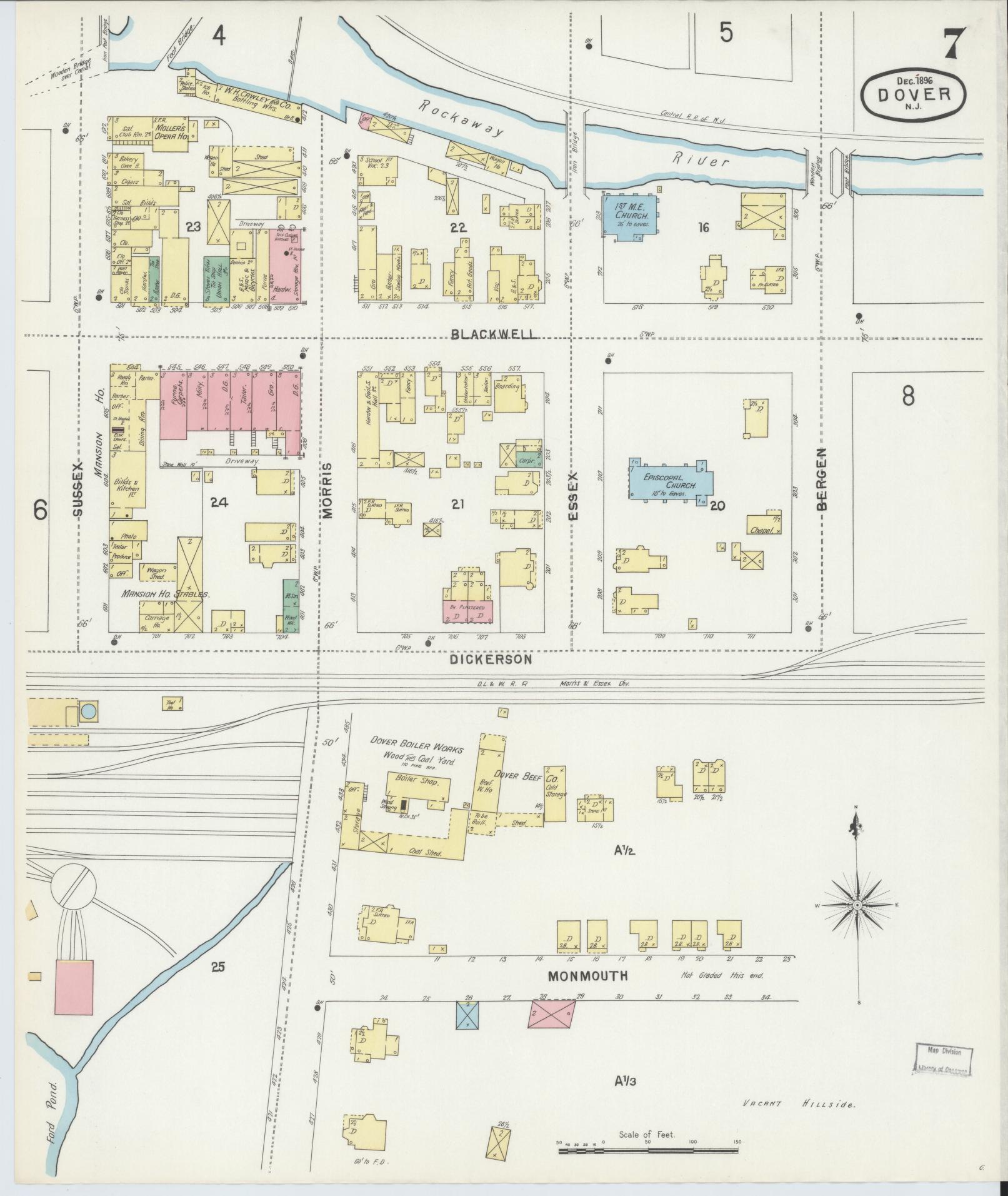 Sanborn Fire Insurance Map from Dover, Morris County, New Jersey (1896), Sheet #0007 - Complete Map Set gallery image, historic Sanborn map, vintage wall art, New Jersey New Jersey