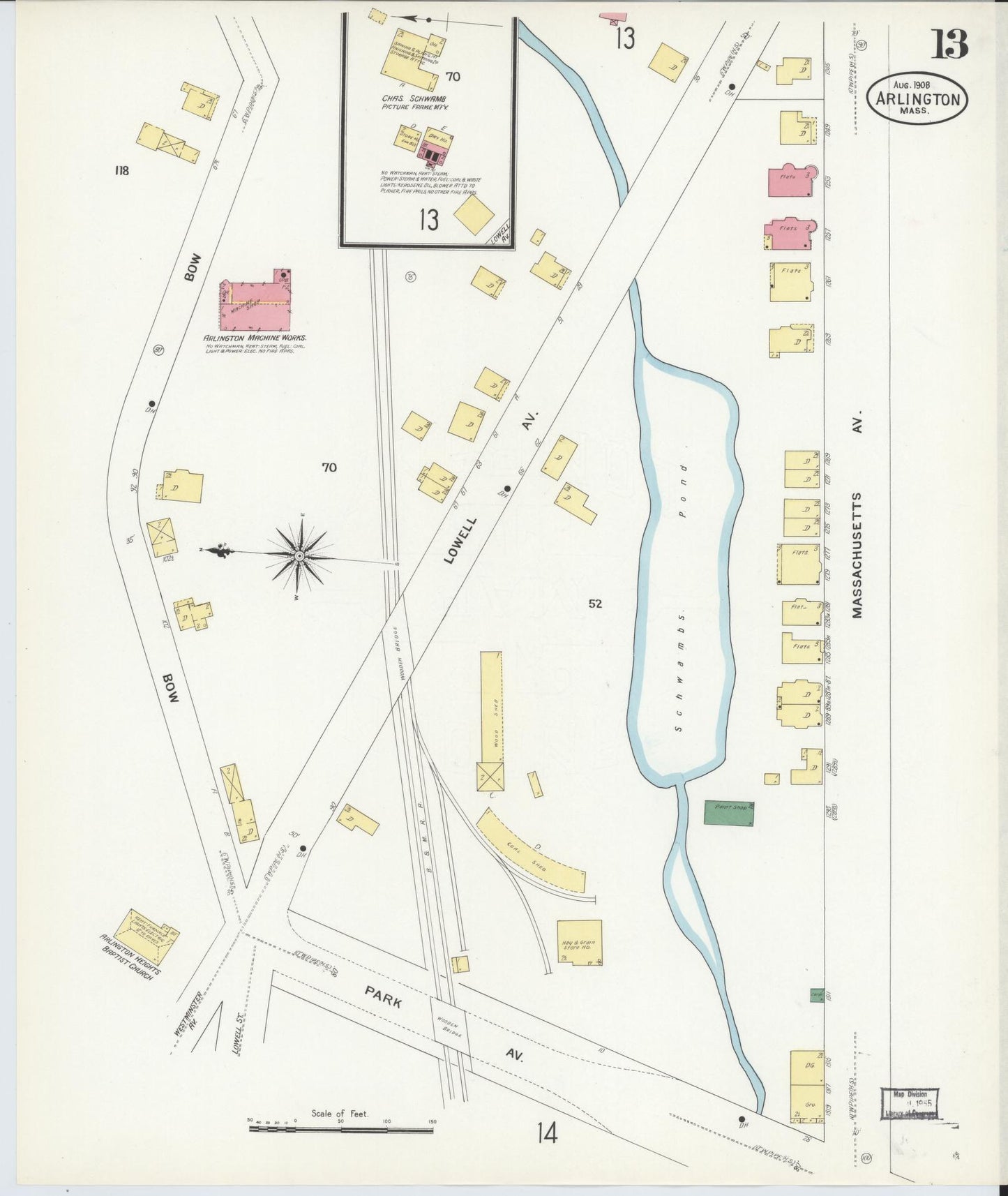 Sanborn Fire Insurance Map from Arlington, Middlesex County, Massachusetts (1908), Sheet #0013 - Historic Sanborn Fire Insurance Map Print, vintage old map wall art, antique decor, genealogy gift, Massachusetts Massachusetts map