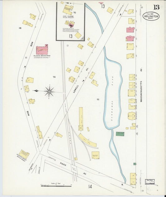Sanborn Fire Insurance Map from Arlington, Middlesex County, Massachusetts (1908), Sheet #0013 - Historic Sanborn Fire Insurance Map Print, vintage old map wall art, antique decor, genealogy gift, Massachusetts Massachusetts map
