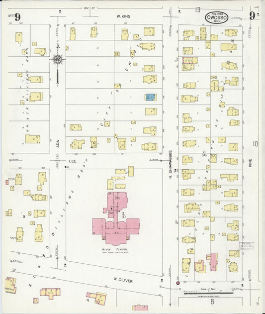 Sanborn Fire Insurance Map from Owosso, Shiawassee County, Michigan (1924), Sheet #0009 - Historic Sanborn Fire Insurance Map Print, vintage old map wall art, antique decor, genealogy gift, Michigan Michigan map