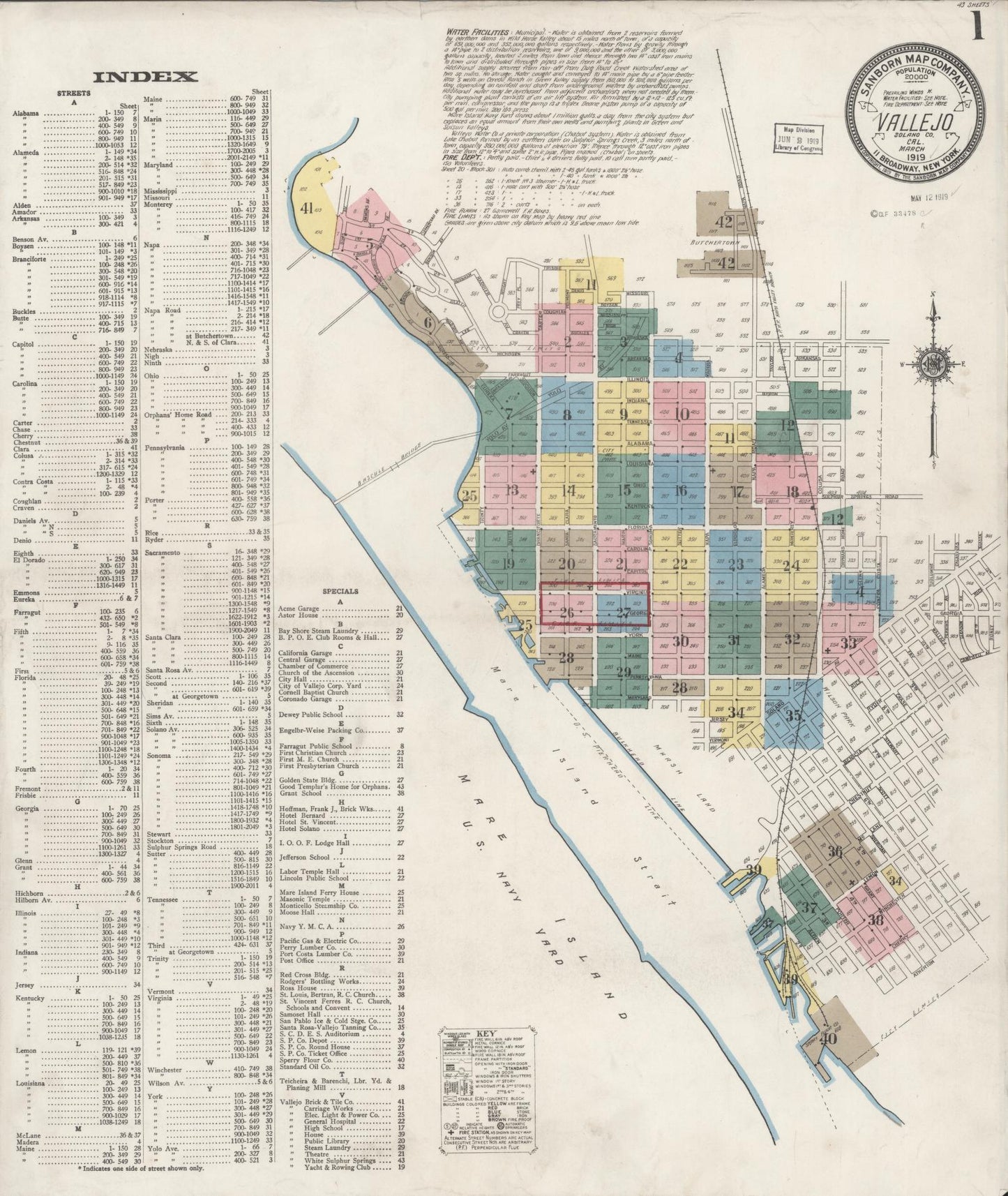 Sanborn Fire Insurance Map from Vallejo, Solano County, California (1919), Sheet #0001 - Complete Map Set gallery image, historic Sanborn map, vintage wall art, California California