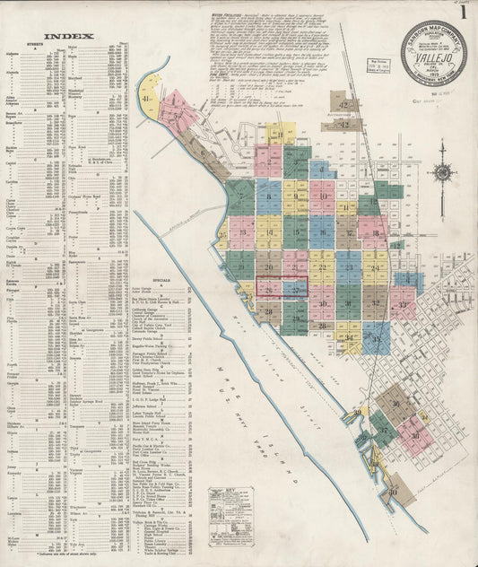 Sanborn Fire Insurance Map from Vallejo, Solano County, California (1919), Sheet #0001 - Complete Map Set gallery image, historic Sanborn map, vintage wall art, California California
