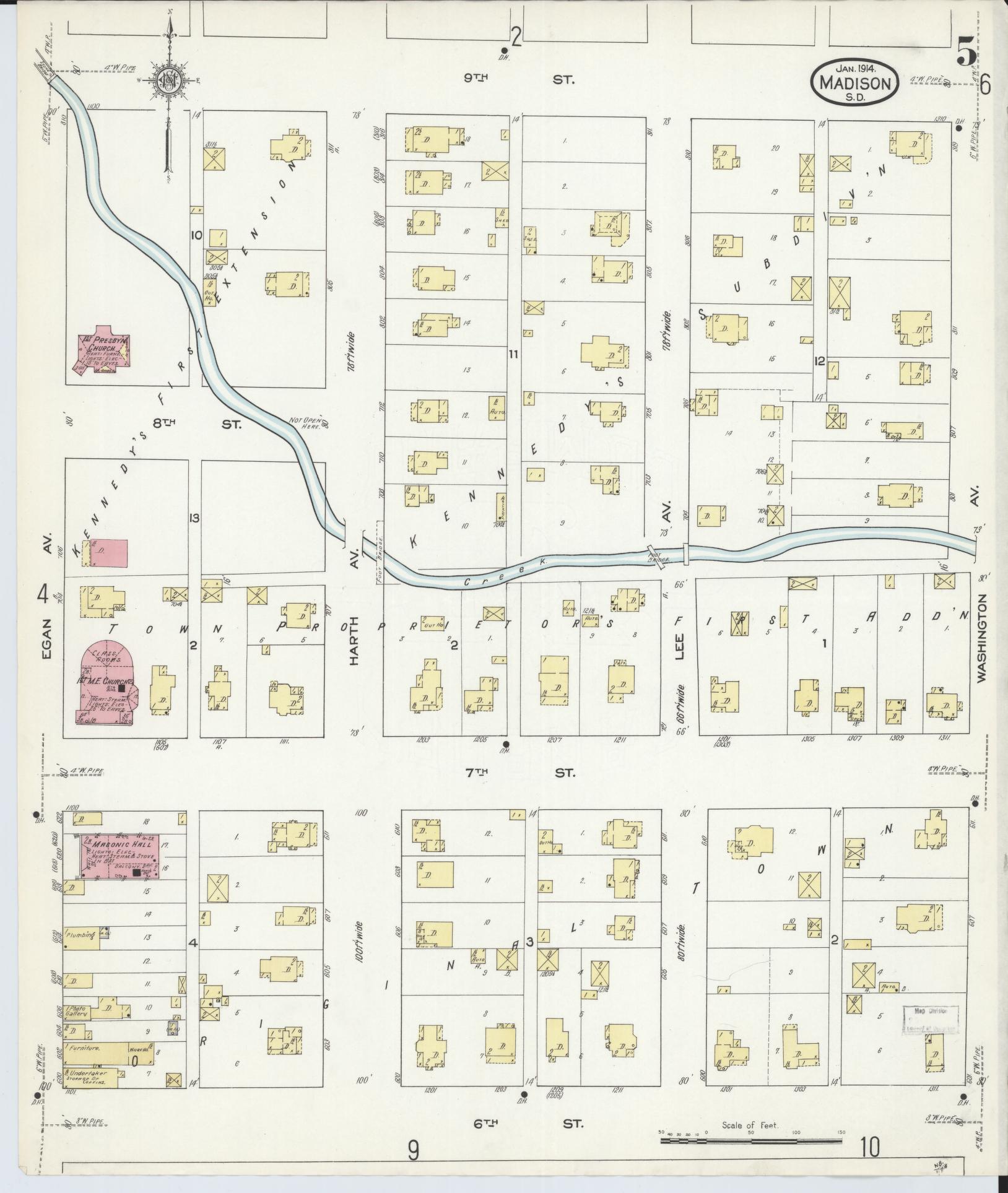 Sanborn Fire Insurance Map from Madison, Lake County, South Dakota (1914), Sheet #0005 - Historic Sanborn Fire Insurance Map Print, vintage old map wall art, antique decor, genealogy gift, South Dakota South Dakota map