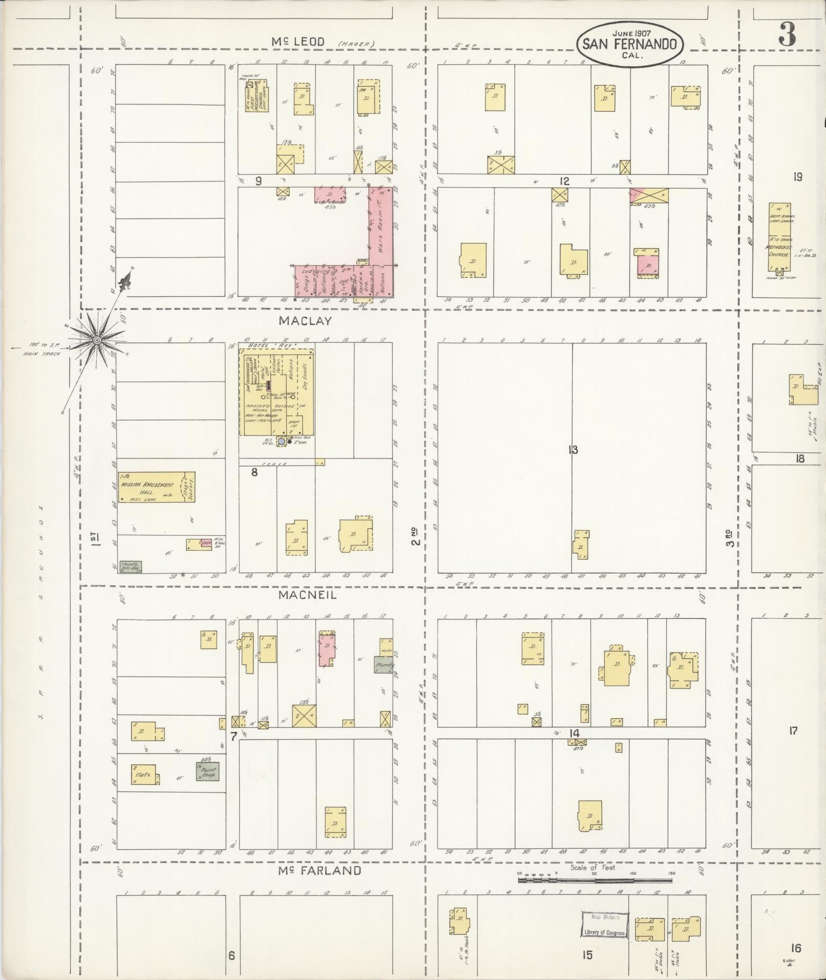 Sanborn Fire Insurance Map from San Fernando, Los Angeles County, California (1907), Sheet #0003 - Complete Map Set gallery image, historic Sanborn map, vintage wall art, California California