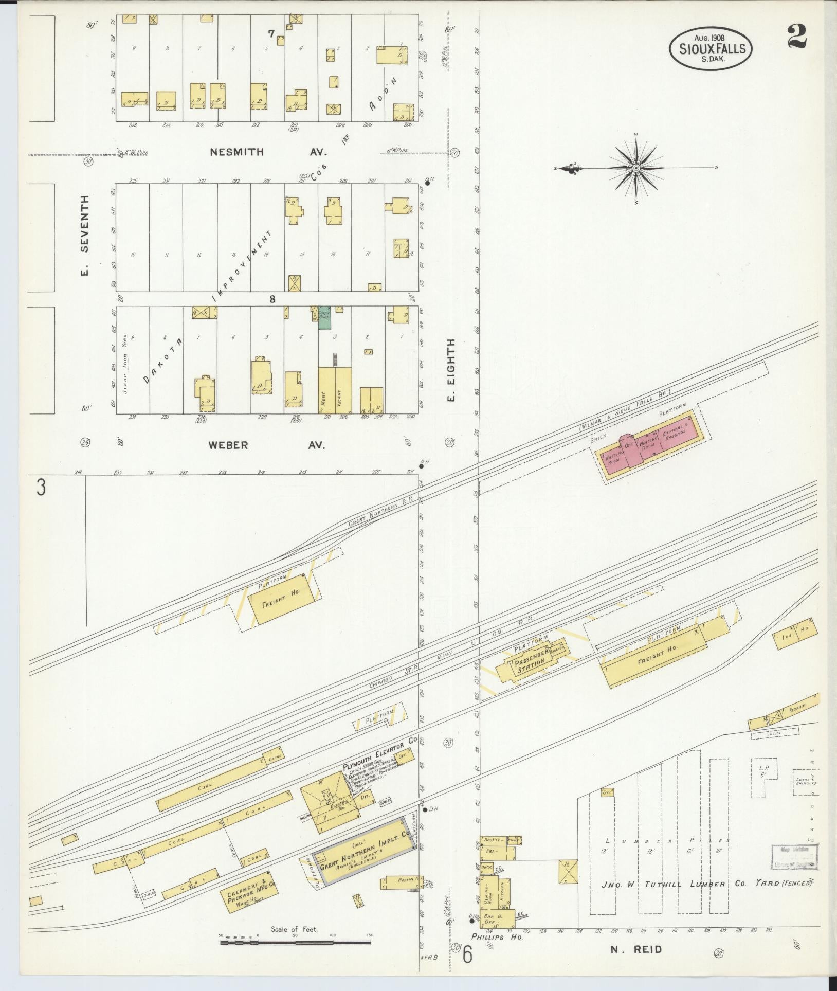 Sanborn Fire Insurance Map from Sioux Falls, Minnehaha County, South Dakota (1908), Sheet #0002 - Complete Map Set gallery image, historic Sanborn map, vintage wall art, South Dakota South Dakota
