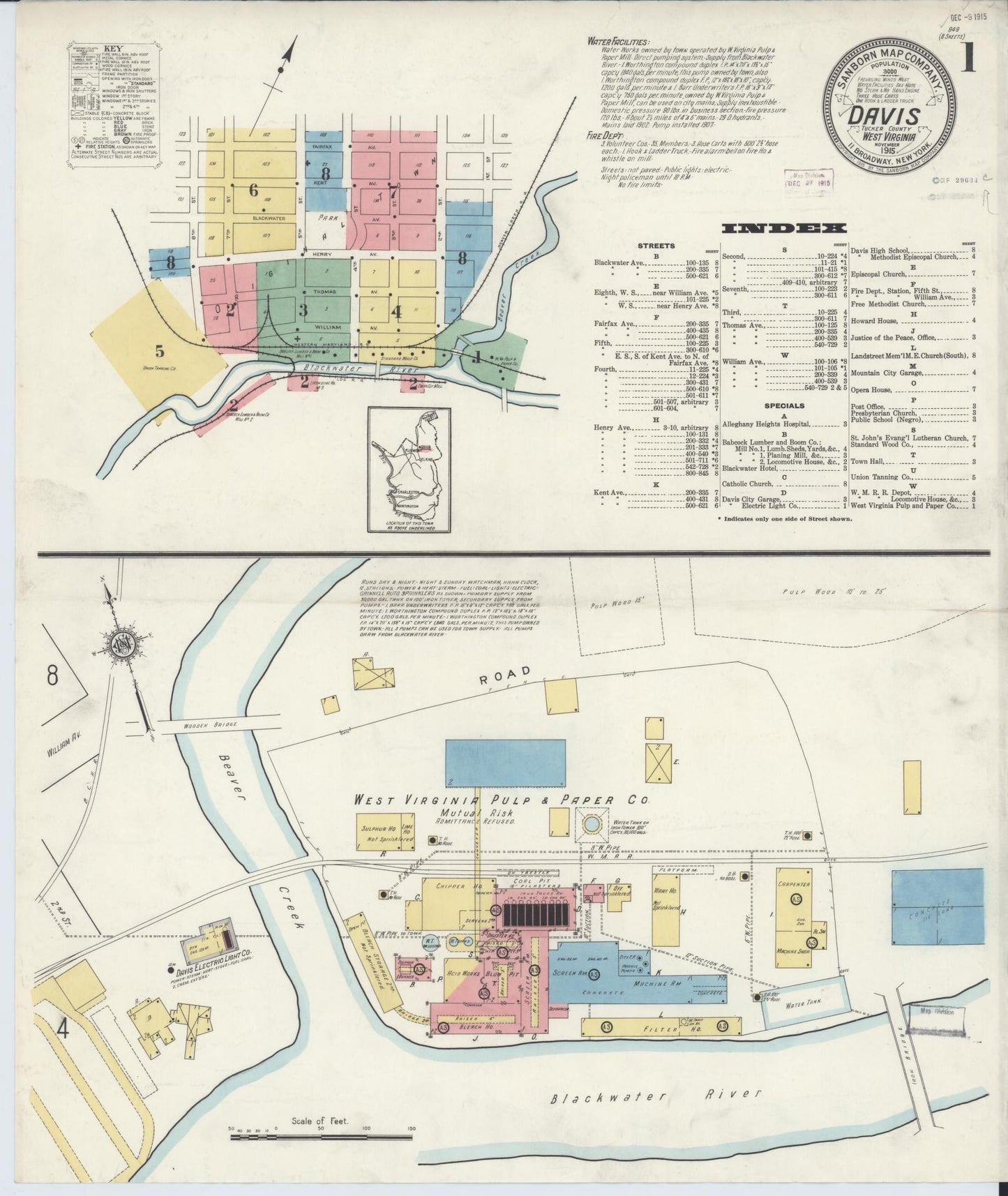 Sanborn Fire Insurance Map from Davis, Tucker County, West Virginia (1915), Sheet #0001 - Historic Sanborn Fire Insurance Map Print, vintage old map wall art, antique decor, genealogy gift, West Virginia West Virginia map