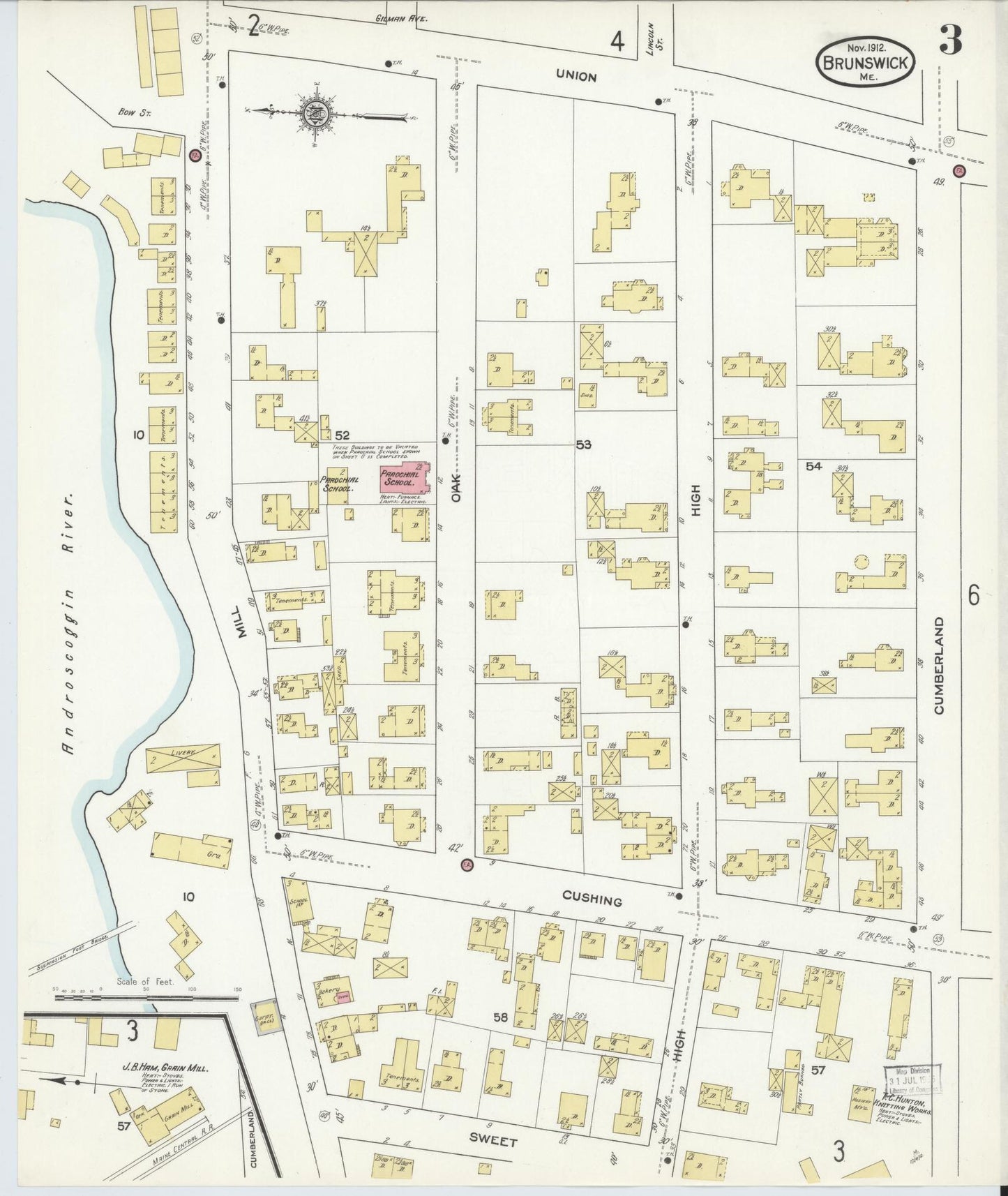 Sanborn Fire Insurance Map from Brunswick, Cumberland County, Maine (1912), Sheet #0003 - Complete Map Set gallery image, historic Sanborn map, vintage wall art, Maine Maine