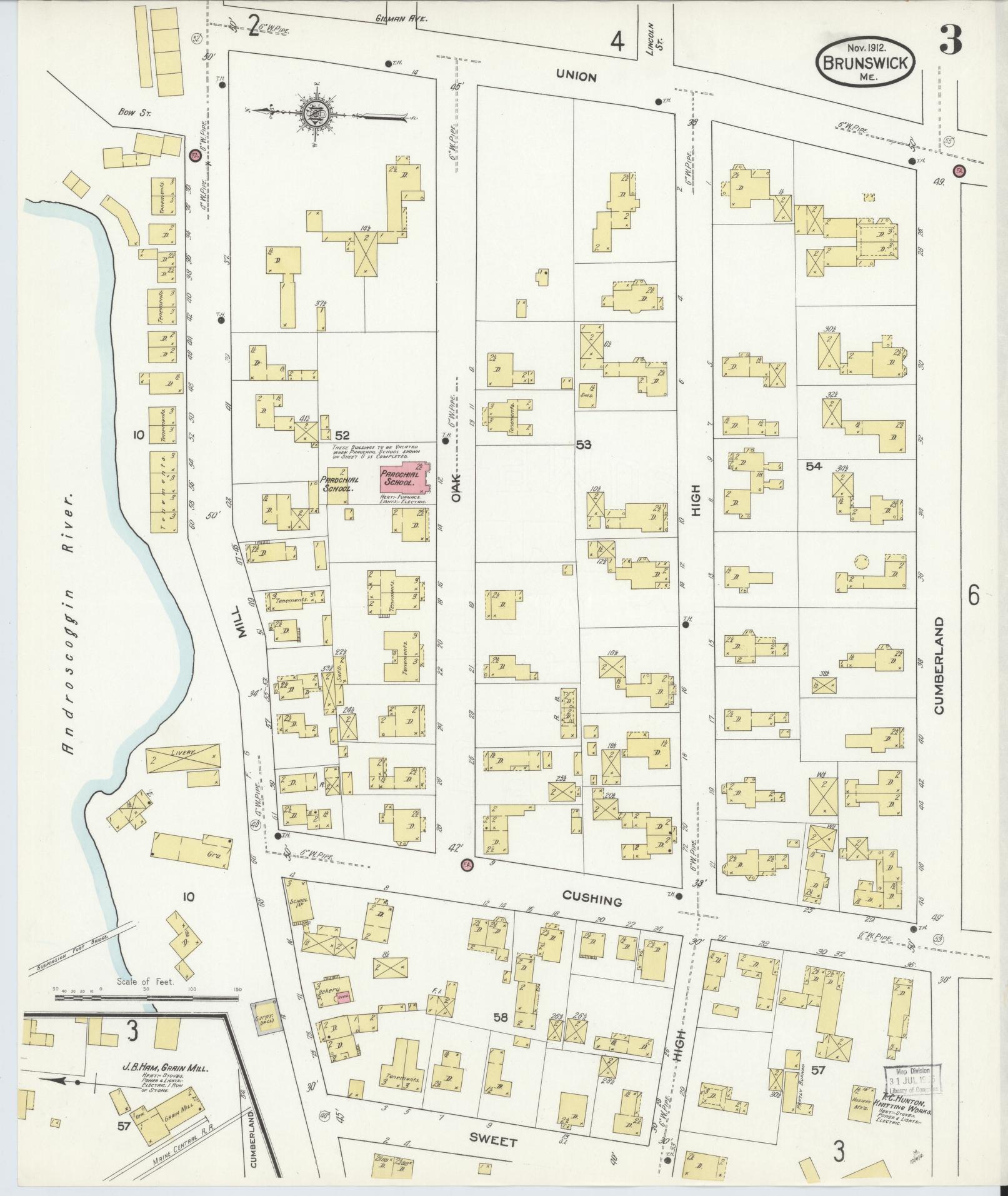 Sanborn Fire Insurance Map from Brunswick, Cumberland County, Maine (1912), Sheet #0003 - Complete Map Set gallery image, historic Sanborn map, vintage wall art, Maine Maine