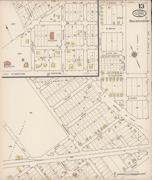 Sanborn Fire Insurance Map from Cuero, De Witt County, Texas (1922), Sheet #0013 - Historic Sanborn Fire Insurance Map Print, vintage old map wall art, antique decor, genealogy gift, Texas Texas map