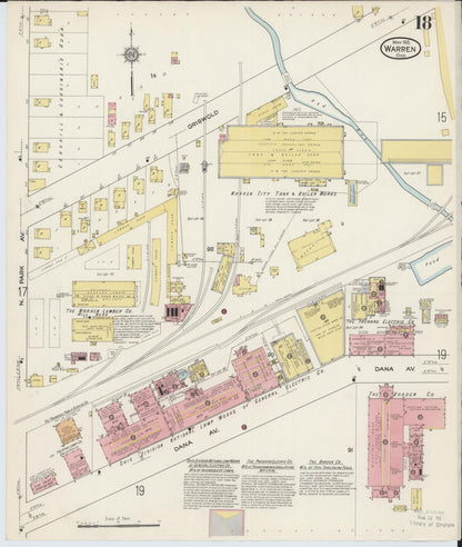 Sanborn Fire Insurance Map from Warren, Trumbull County, Ohio (1915), Sheet #0018 - Historic Sanborn Fire Insurance Map Print, vintage old map wall art, antique decor, genealogy gift, Ohio Ohio map
