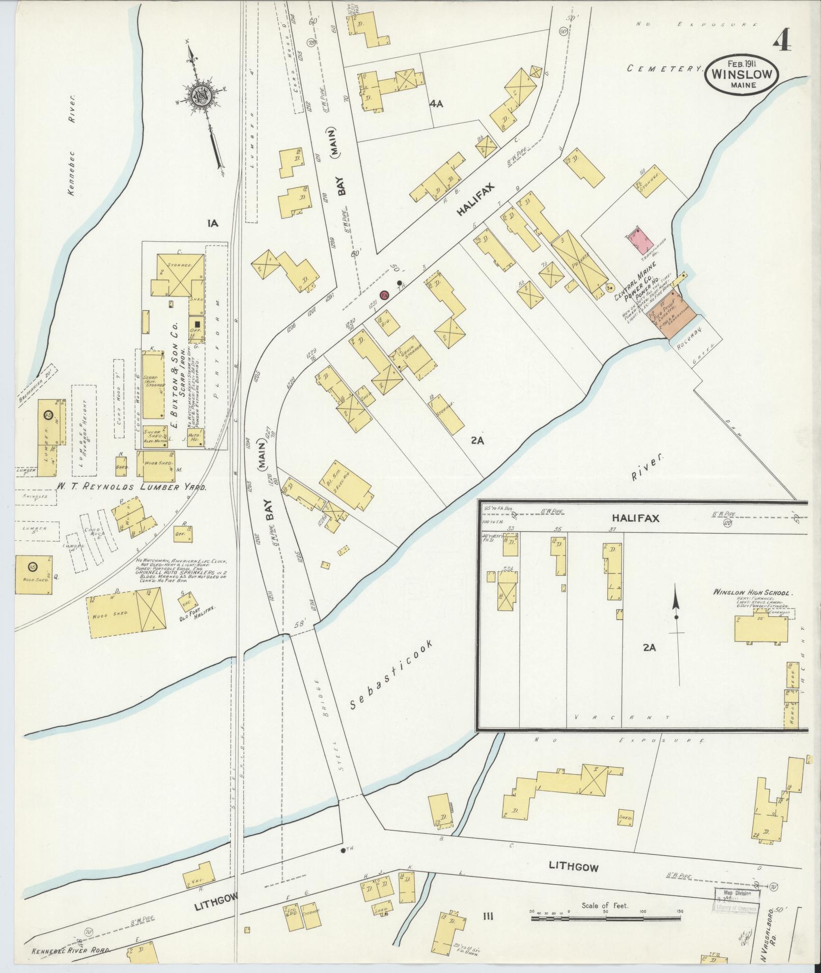 Sanborn Fire Insurance Map from Winslow, Kennebec County, Maine (1911), Sheet #0004 - Complete Map Set gallery image, historic Sanborn map, vintage wall art, Maine Maine