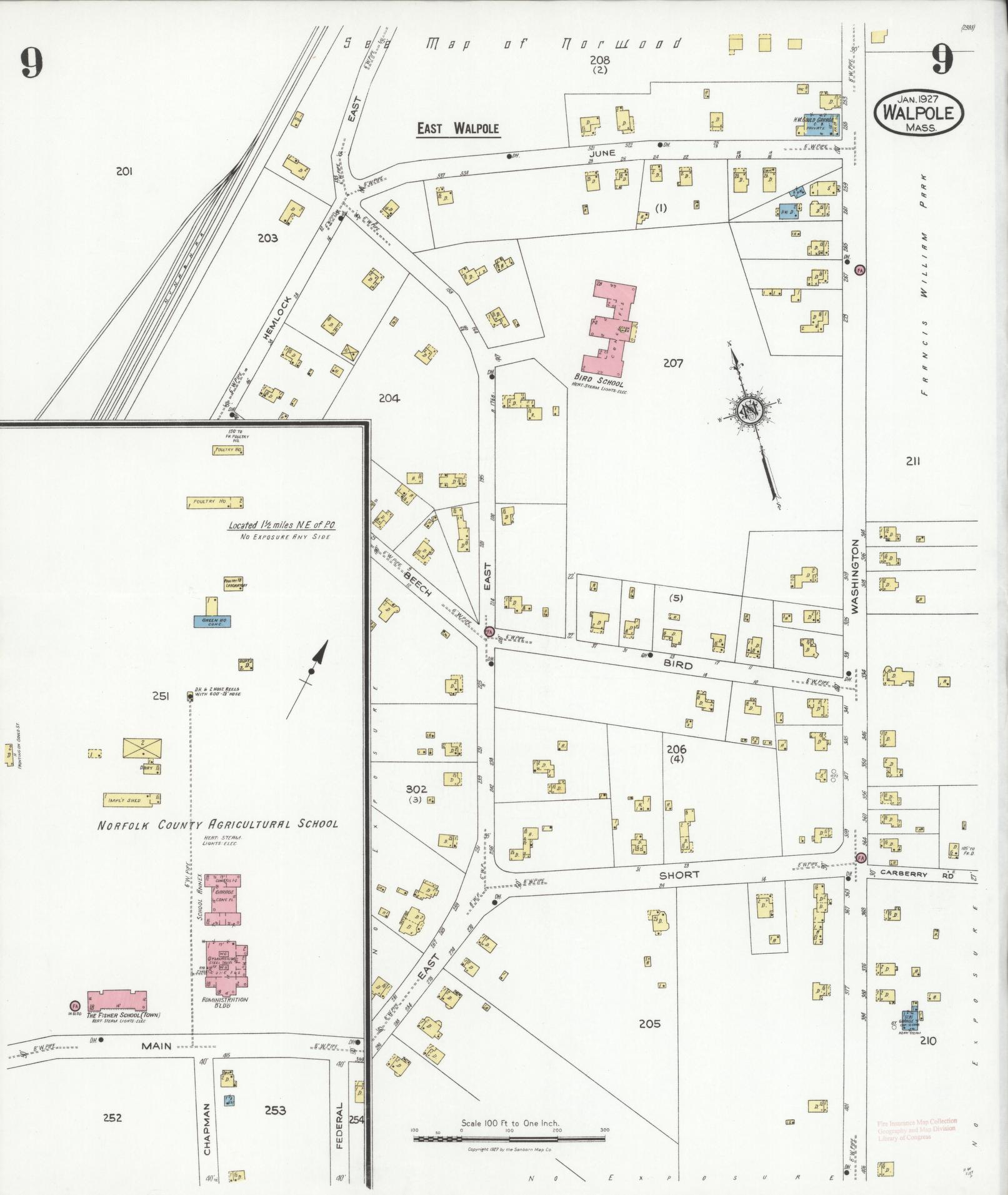 Sanborn Fire Insurance Map from Walpole, Norfolk County, Massachusetts (1927), Sheet #0009 - Historic Sanborn Fire Insurance Map Print, vintage old map wall art, antique decor, genealogy gift, Massachusetts Massachusetts map