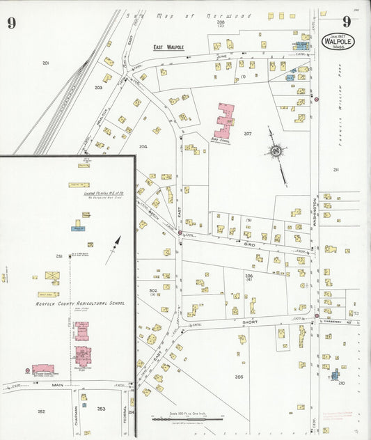 Sanborn Fire Insurance Map from Walpole, Norfolk County, Massachusetts (1927), Sheet #0009 - Historic Sanborn Fire Insurance Map Print, vintage old map wall art, antique decor, genealogy gift, Massachusetts Massachusetts map