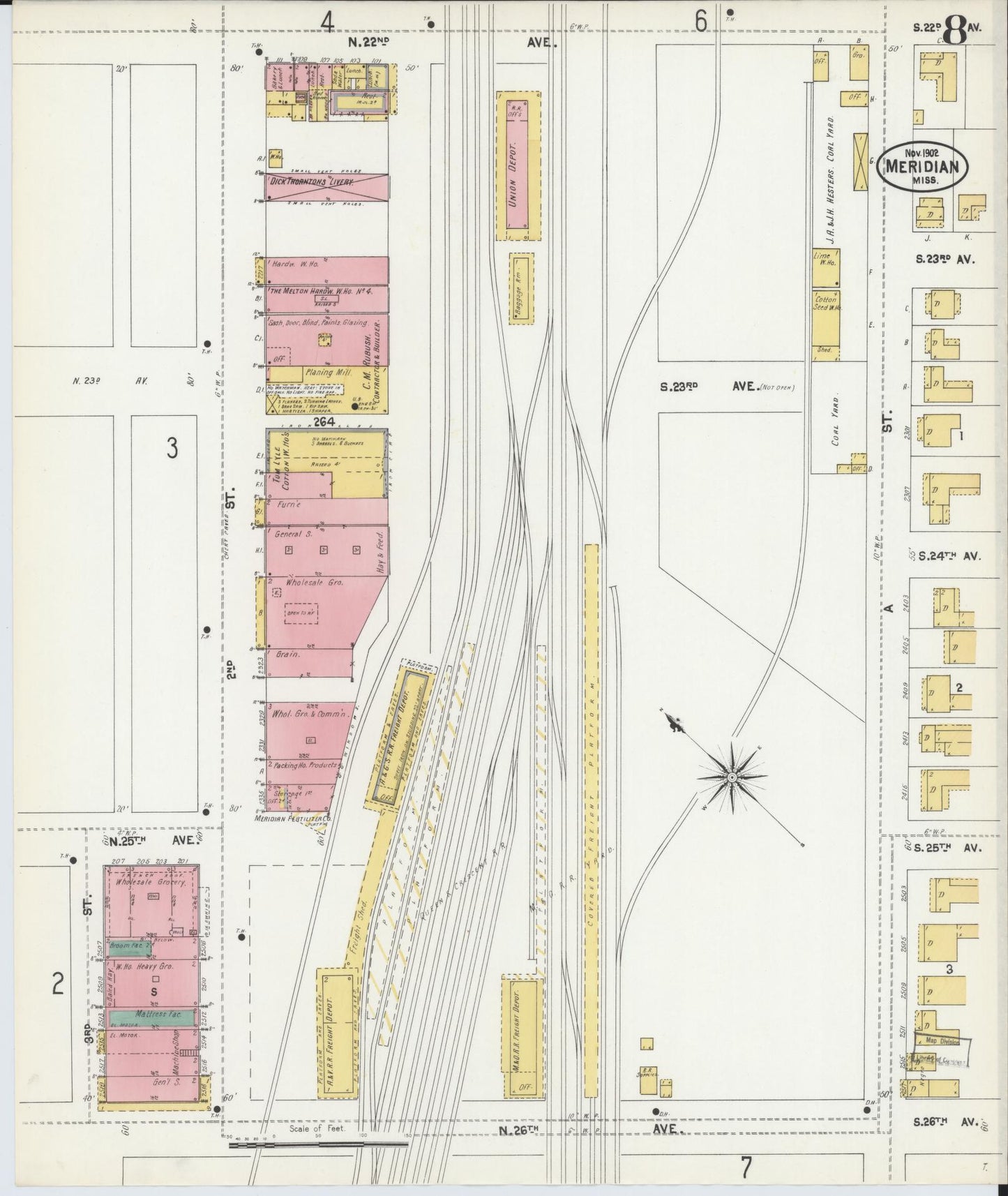 Sanborn Fire Insurance Map from Meridian, Lauderdale County, Mississippi (1902), Sheet #0008 - Complete Map Set gallery image, historic Sanborn map, vintage wall art, Mississippi Mississippi