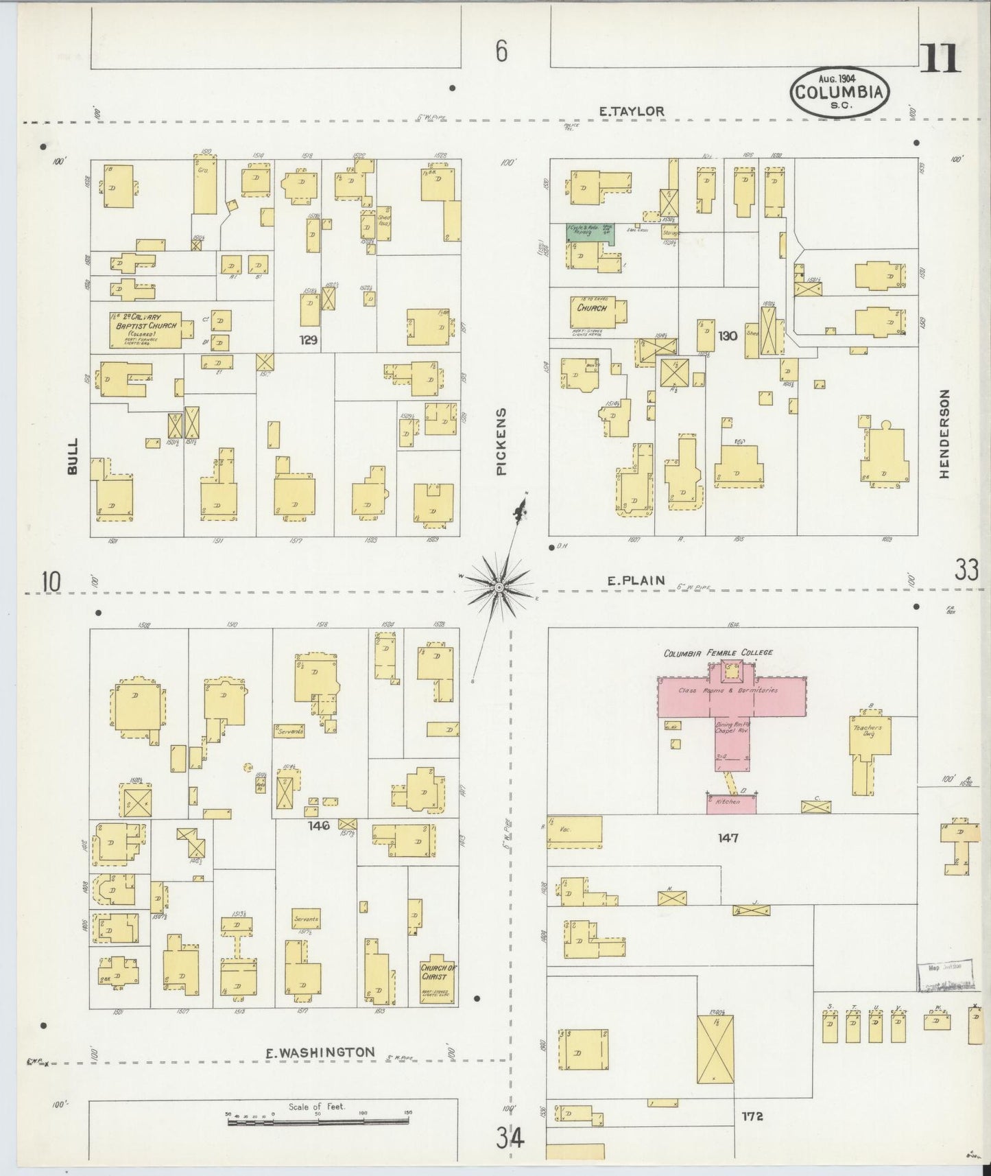 Sanborn Fire Insurance Map from Columbia, Richland County, South Carolina (1904), Sheet #0011 - Complete Map Set gallery image, historic Sanborn map, vintage wall art, South Carolina South Carolina