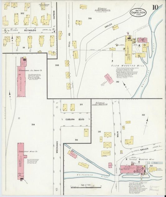 Sanborn Fire Insurance Map from Danielson, Windham County, Connecticut (1911), Sheet #0010 - Historic Sanborn Fire Insurance Map Print, vintage old map wall art, antique decor, genealogy gift, Connecticut Connecticut map
