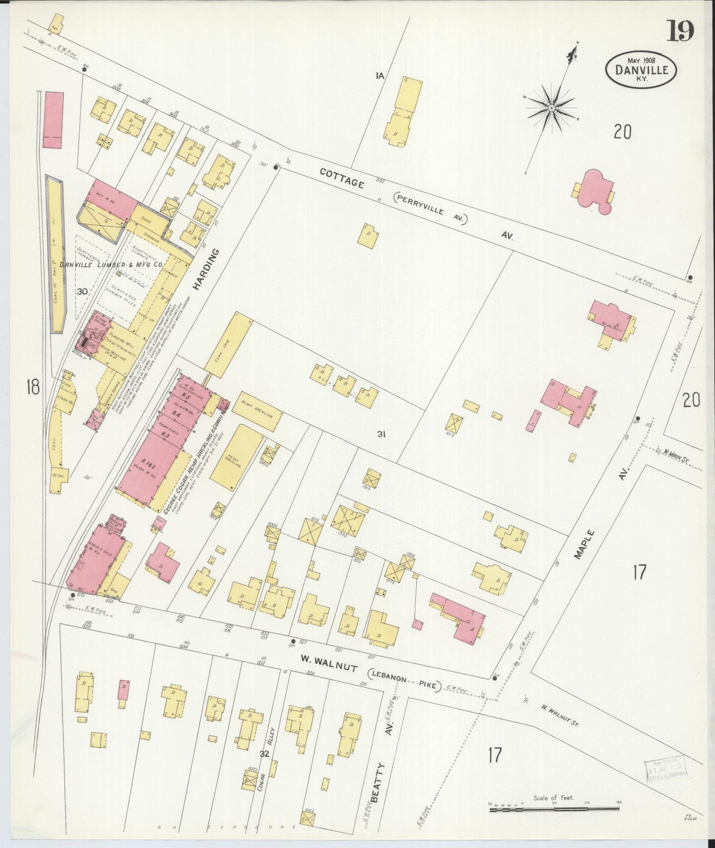 Sanborn Fire Insurance Map from Danville, Boyle County, Kentucky (1908), Sheet #0019 - Complete Map Set gallery image, historic Sanborn map, vintage wall art, Kentucky Kentucky