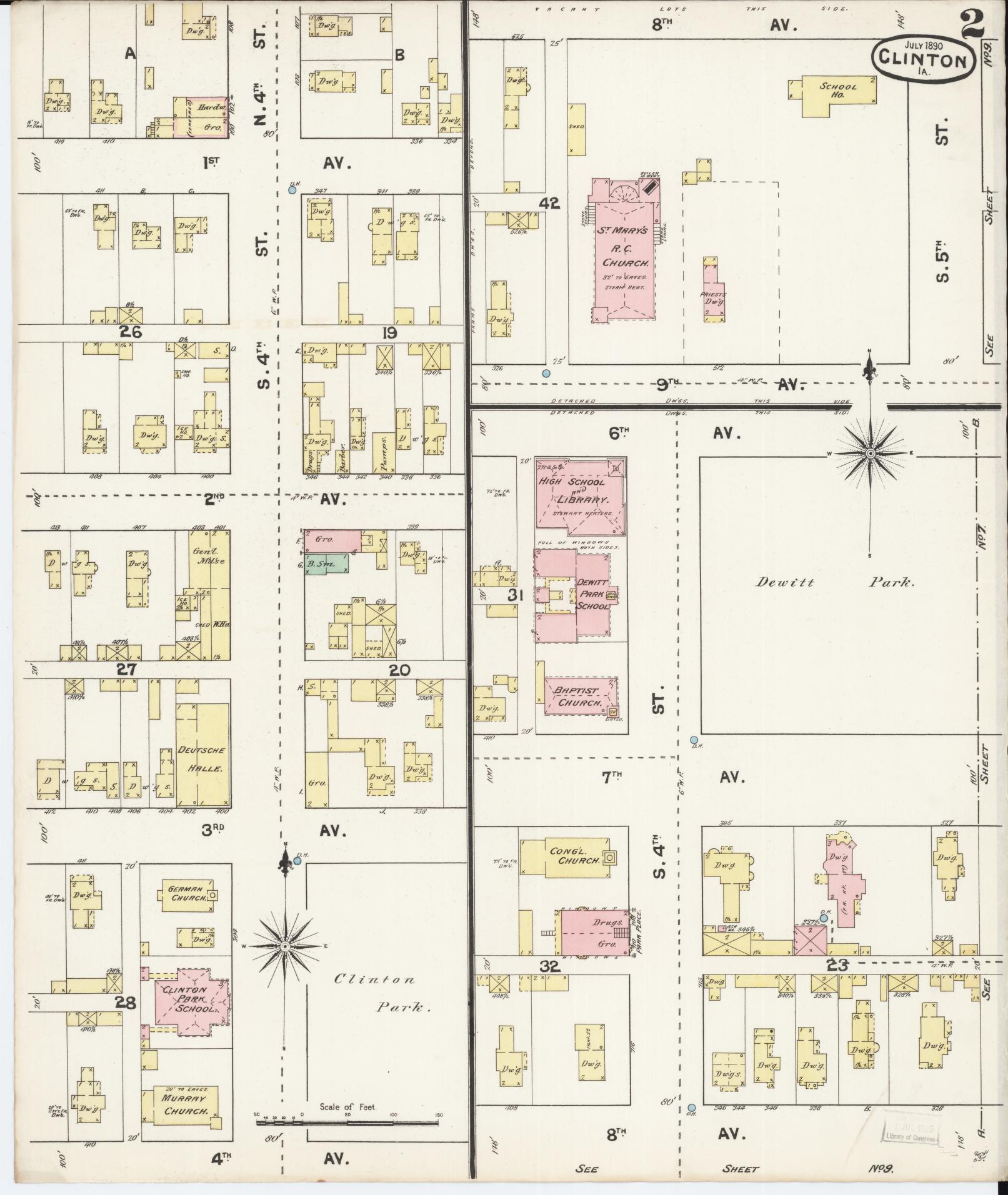 Sanborn Fire Insurance Map from Clinton, Clinton County, Iowa (1890), Sheet #0002 - Historic Sanborn Fire Insurance Map Print, vintage old map wall art