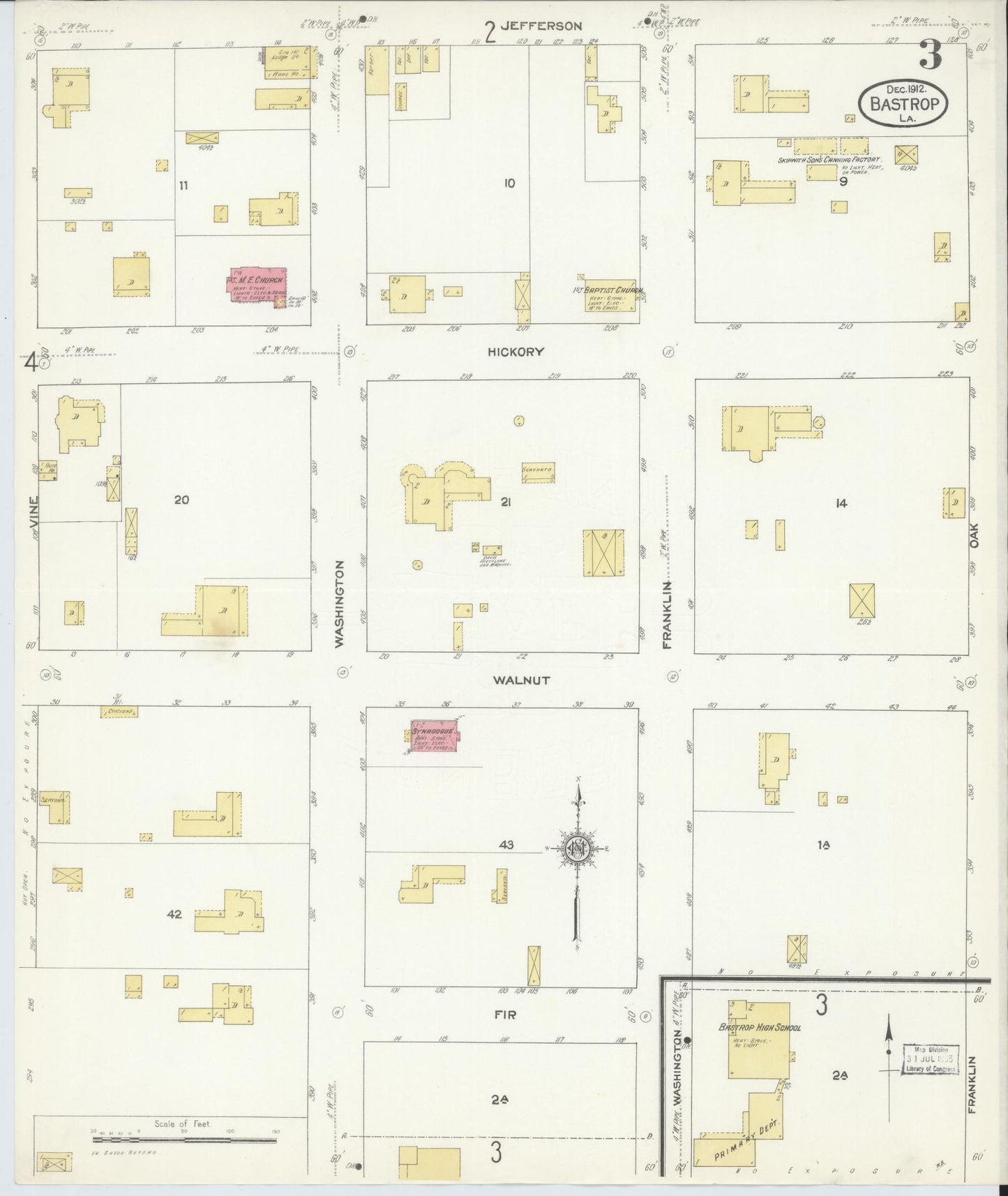 Sanborn Fire Insurance Map from Bastrop, Morehouse Parish, Louisiana (1912), Sheet #0003 - Historic Sanborn Fire Insurance Map Print, vintage old map wall art, antique decor, genealogy gift, Louisiana Louisiana map