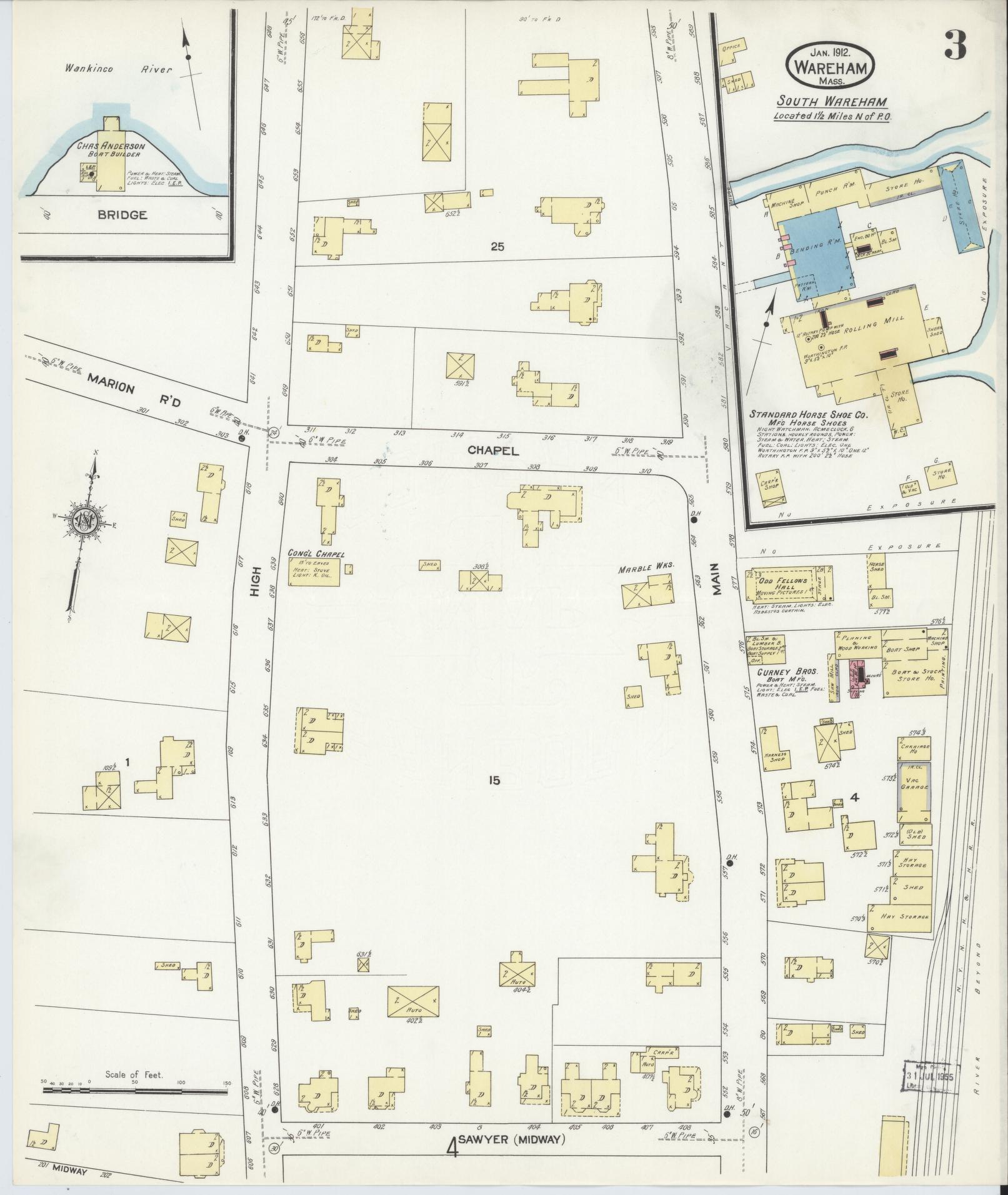 Sanborn Fire Insurance Map from Wareham, Plymouth County, Massachusetts (1912), Sheet #0003 - Historic Sanborn Fire Insurance Map Print, vintage old map wall art, antique decor, genealogy gift, Massachusetts Massachusetts map