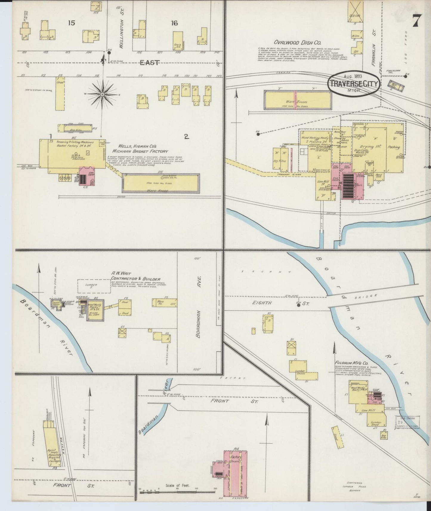 Sanborn Fire Insurance Map from Traverse City, Grand Traverse County, Michigan (1893), Sheet #0007 - Complete Map Set gallery image, historic Sanborn map, vintage wall art, Michigan Michigan
