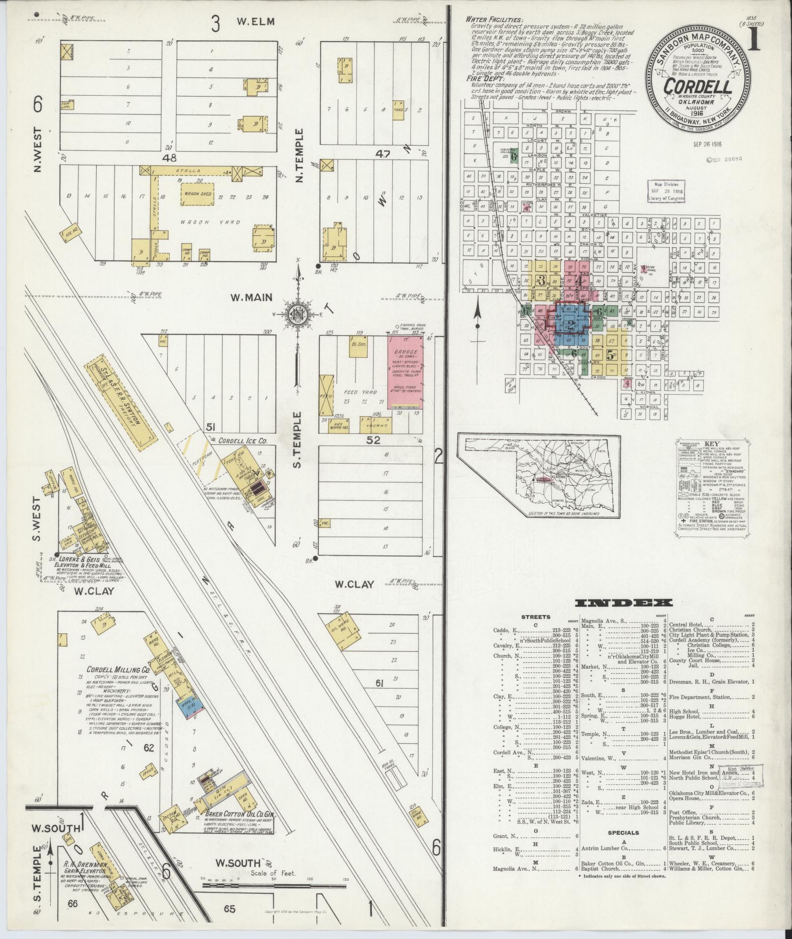 Sanborn Fire Insurance Map from Cordell, Washita County, Oklahoma (1916), Sheet #0001 - Complete Map Set gallery image, historic Sanborn map, vintage wall art, Oklahoma Oklahoma