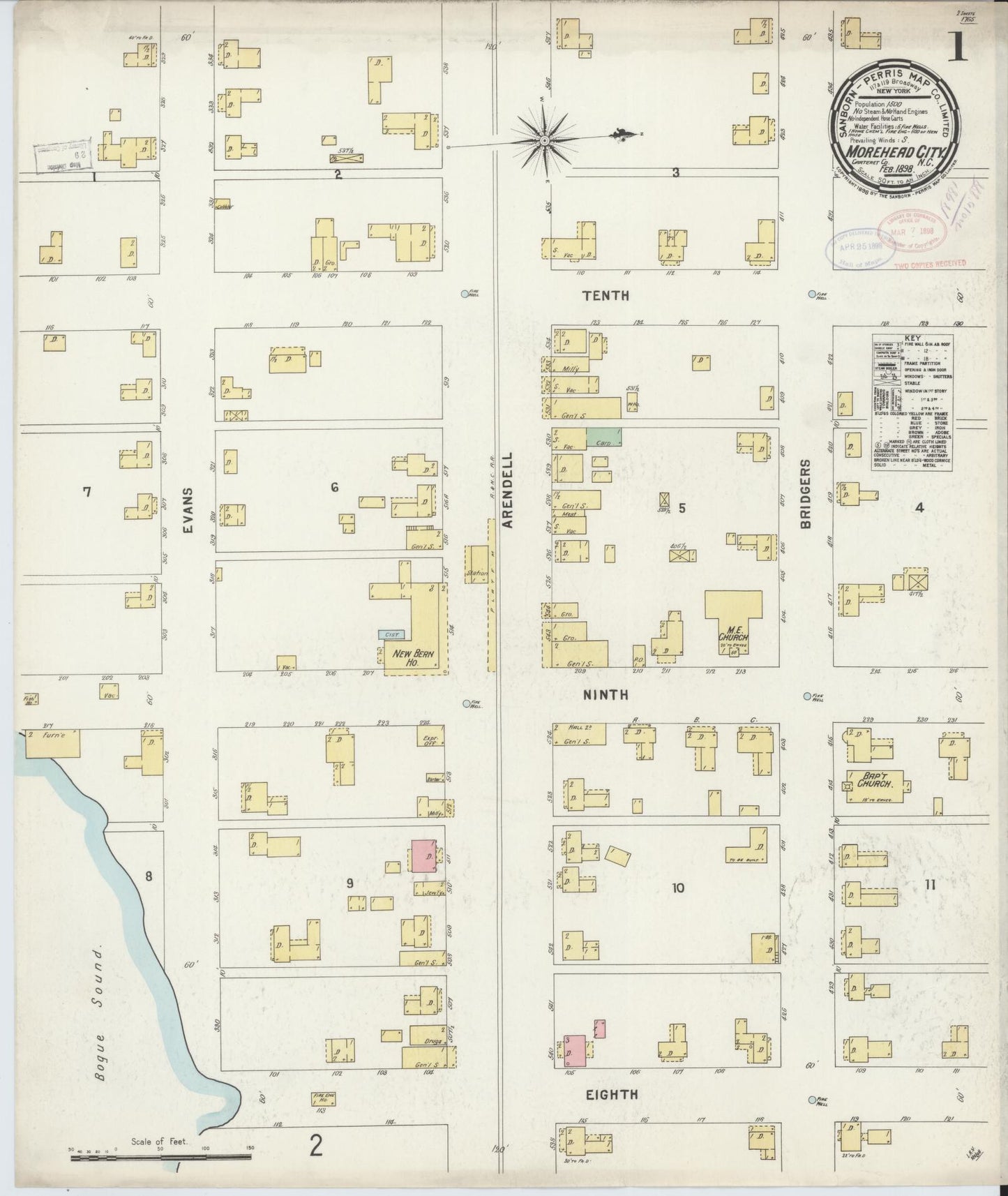 Sanborn Fire Insurance Map from Morehead City, Carteret County, North Carolina (1898), Sheet #0001 - Historic Sanborn Fire Insurance Map Print, vintage old map wall art, antique decor, genealogy gift, North Carolina North Carolina map