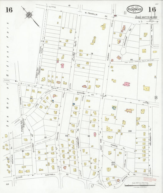 Sanborn Fire Insurance Map from Ridgewood, Bergen County, New Jersey (1928), Sheet #0016 - Historic Sanborn Fire Insurance Map Print, vintage old map wall art, antique decor, genealogy gift, New Jersey New Jersey map