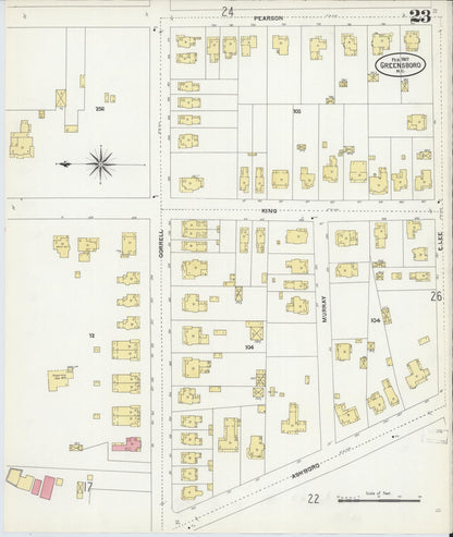 Sanborn Fire Insurance Map from Greensboro, Guilford County, North Carolina (1907), Sheet #0023 - Complete Map Set gallery image, historic Sanborn map, vintage wall art, North Carolina North Carolina