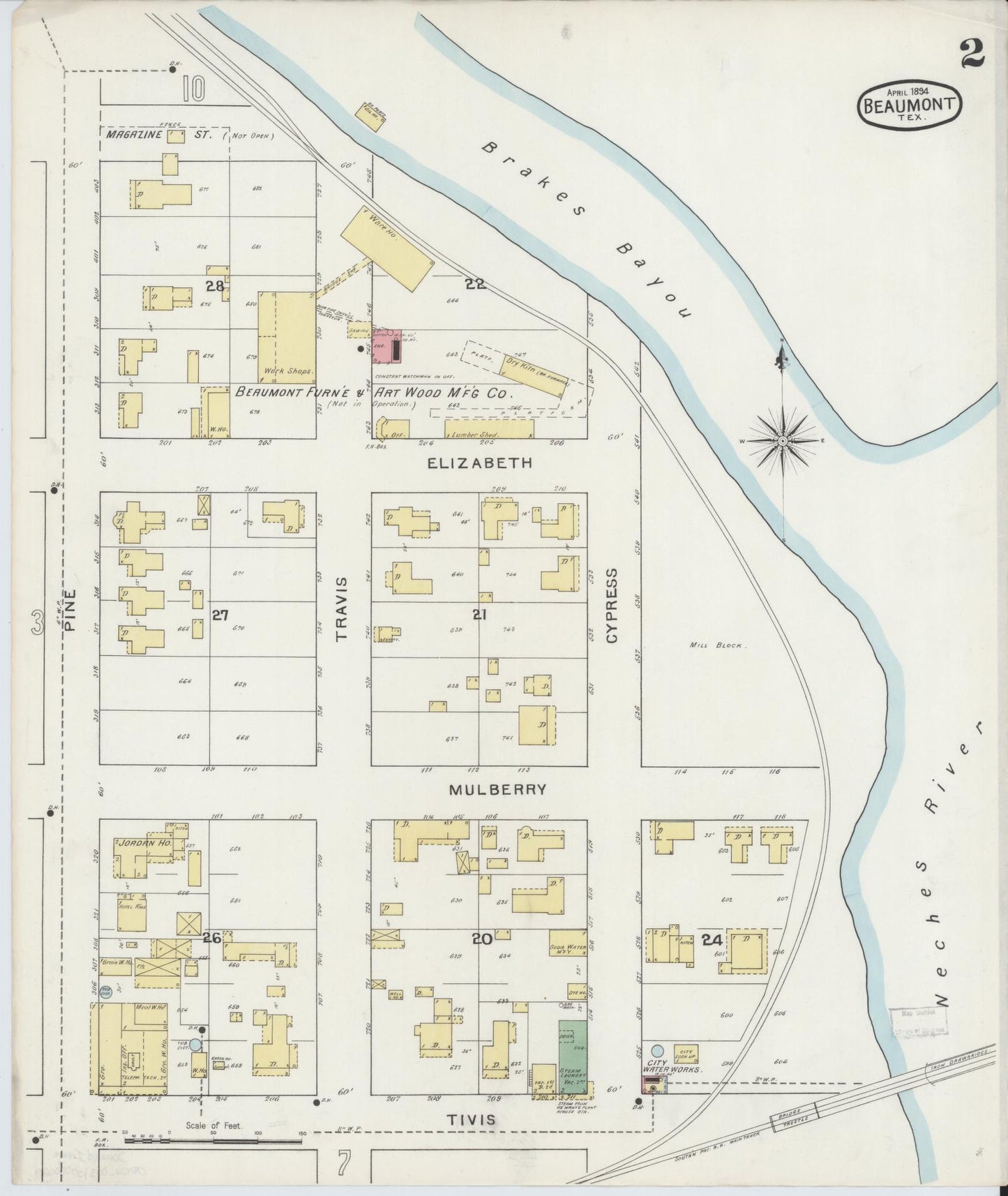 Sanborn Fire Insurance Map from Beaumont, Jefferson County, Texas (1894), Sheet #0002 - Complete Map Set gallery image, historic Sanborn map, vintage wall art, Texas Texas