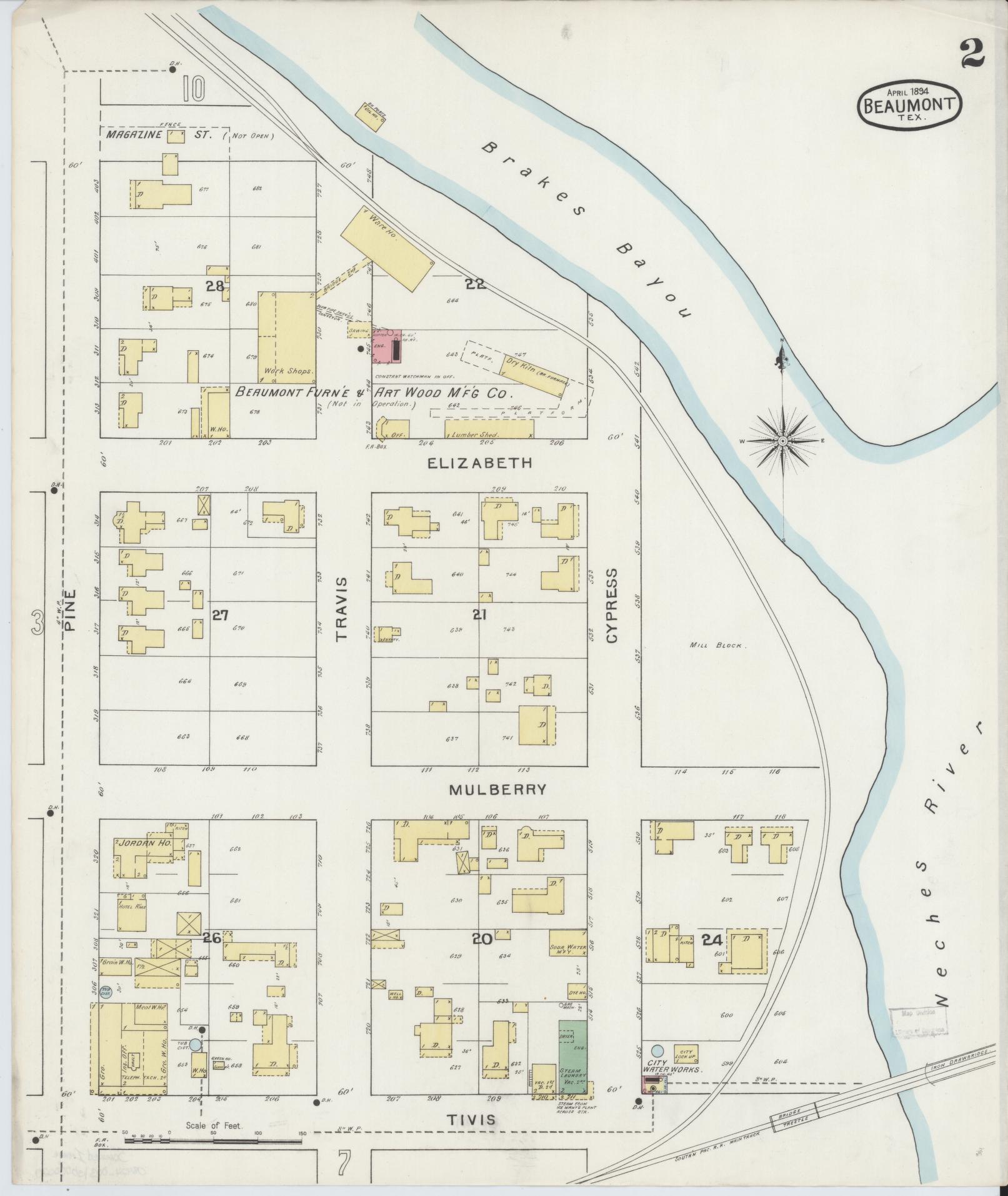 Sanborn Fire Insurance Map from Beaumont, Jefferson County, Texas (1894), Sheet #0002 - Complete Map Set gallery image, historic Sanborn map, vintage wall art, Texas Texas
