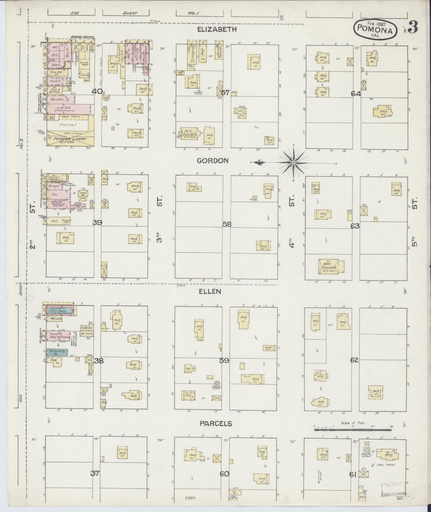 Sanborn Fire Insurance Map from Pomona, Los Angeles County, California (1887), Sheet #0003 - Complete Map Set gallery image, historic Sanborn map, vintage wall art, California California