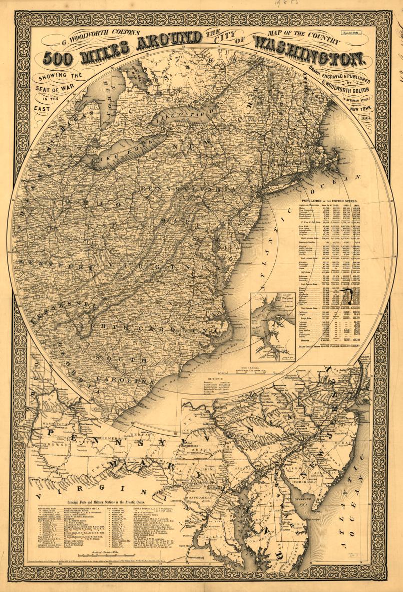G. Woolworth Colton's map of the country 500 miles around the city of Washington showing the seat of war in the East Civil War Map (1861) - Historic Battlefield Map Reprint