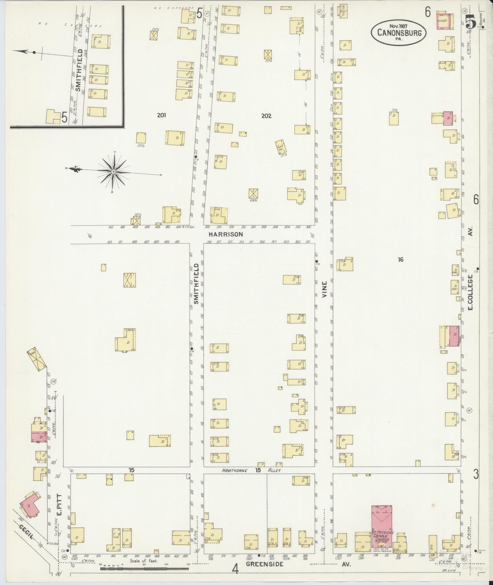 Sanborn Fire Insurance Map from Canonsburg, Washington County, Pennsylvania (1907), Sheet #0005 - Historic Sanborn Fire Insurance Map Print, vintage old map wall art, antique decor, genealogy gift, Pennsylvania Pennsylvania map