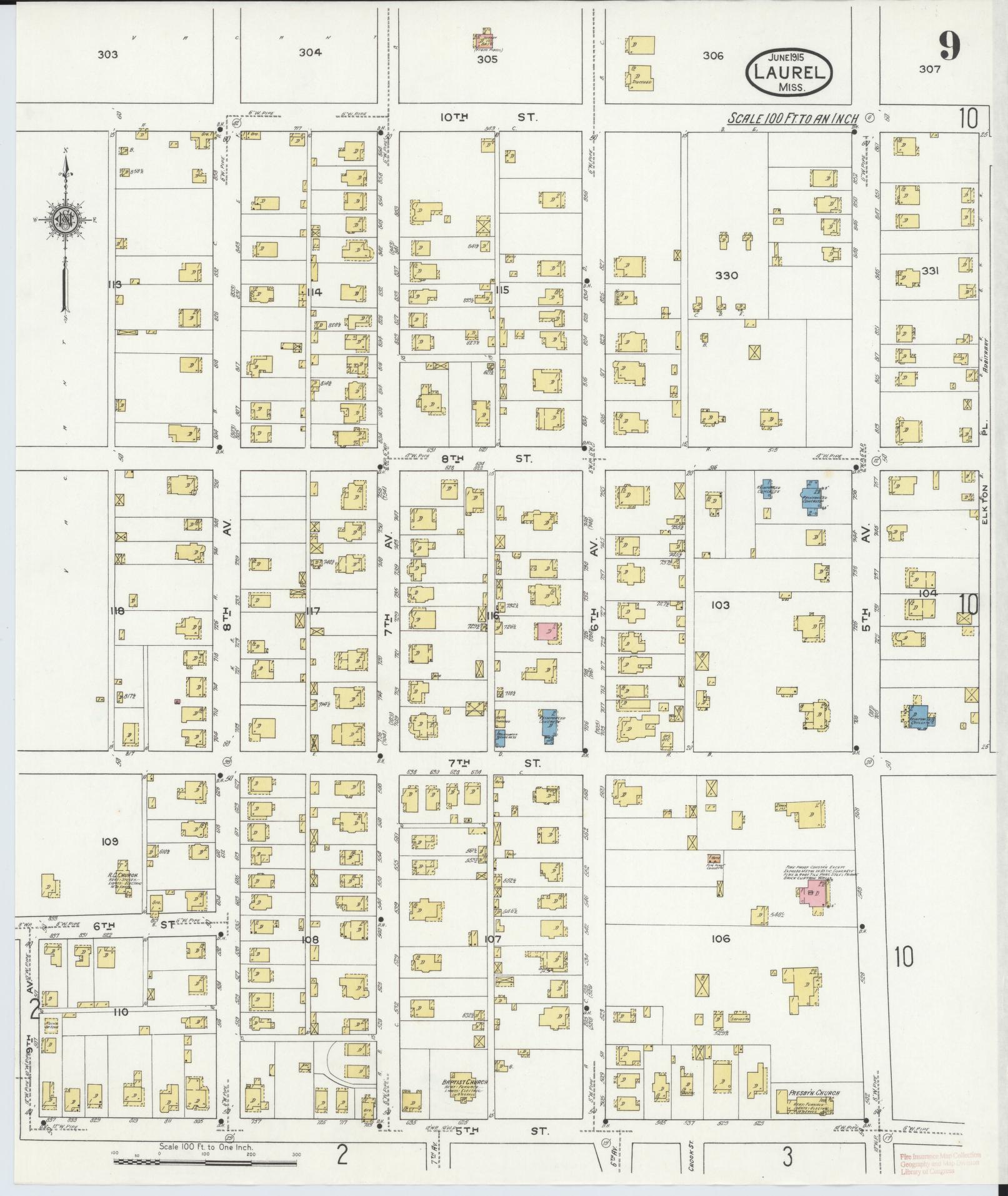 Sanborn Fire Insurance Map from Laurel, Jones County, Mississippi (1915), Sheet #0009 - Historic Sanborn Fire Insurance Map Print, vintage old map wall art, antique decor, genealogy gift, Mississippi Mississippi map