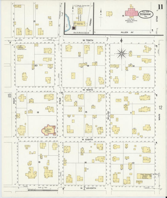 Sanborn Fire Insurance Map from Bonham, Fannin County, Texas (1909), Sheet #0011 - Historic Sanborn Fire Insurance Map Print, vintage old map wall art, antique decor, genealogy gift, Texas Texas map