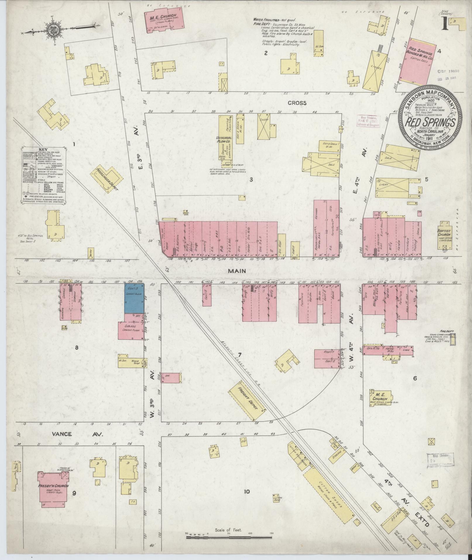 Sanborn Fire Insurance Map from Red Springs, Robeson County, North Carolina. (1911) – Historic Sanborn Fire Insurance Map Print