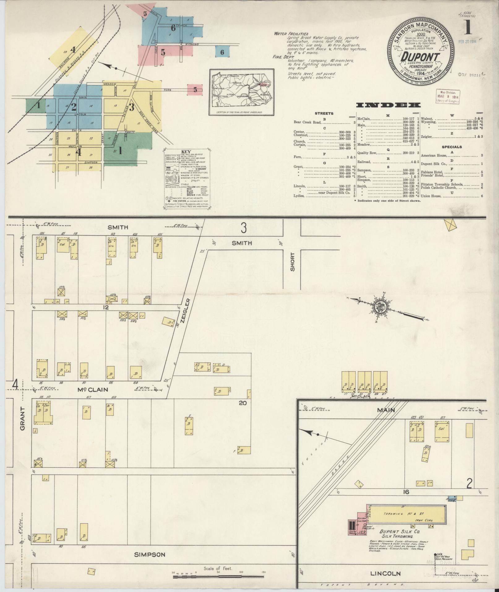 Sanborn Fire Insurance Map from Dupont, Luzerne County, Pennsylvania (1914), Sheet #0001 - Historic Sanborn Fire Insurance Map Print, vintage old map wall art, antique decor, genealogy gift, Pennsylvania Pennsylvania map