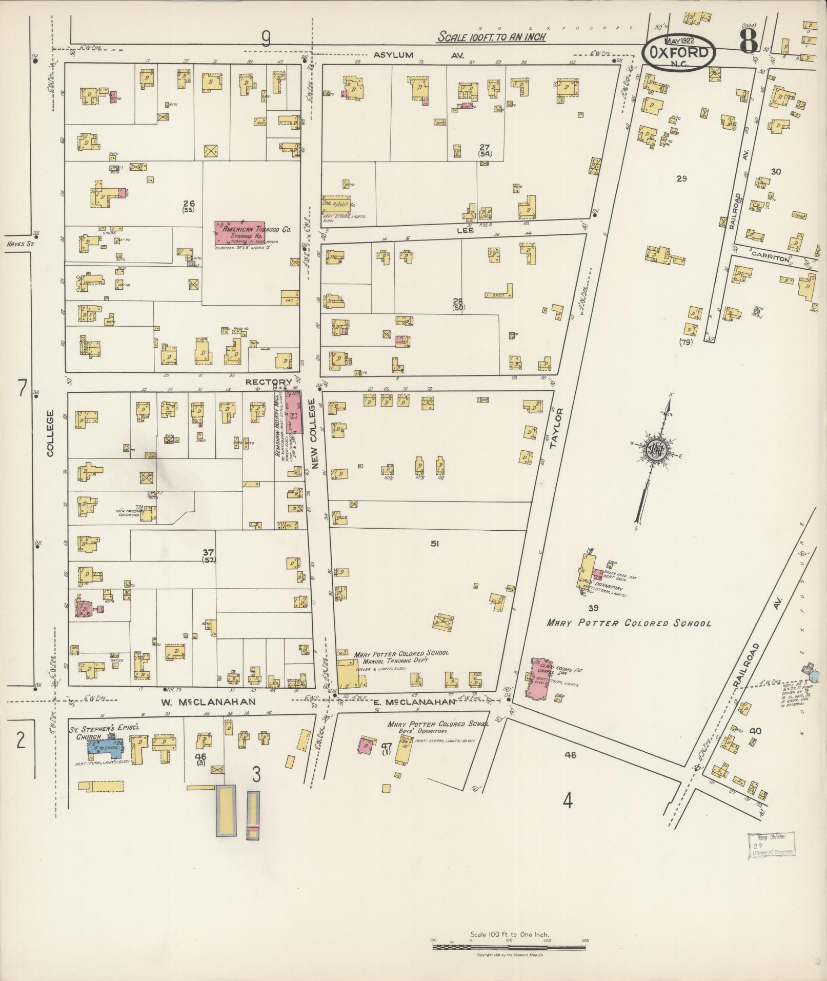 Sanborn Fire Insurance Map from Oxford, Granville County, North Carolina (1922), Sheet #0008 - Complete Map Set gallery image, historic Sanborn map, vintage wall art, North Carolina North Carolina