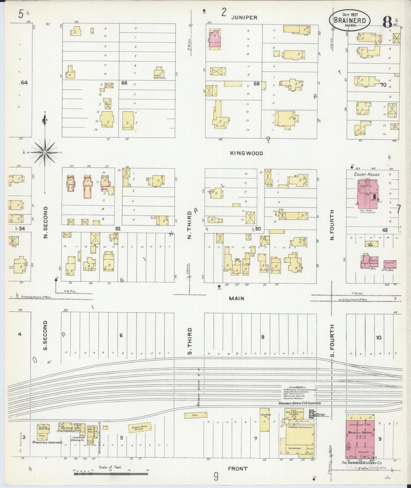 Sanborn Fire Insurance Map from Brainerd, Crow Wing County, Minnesota (1907), Sheet #0008 - Historic Sanborn Fire Insurance Map Print, vintage old map wall art, antique decor, genealogy gift, Minnesota Minnesota map