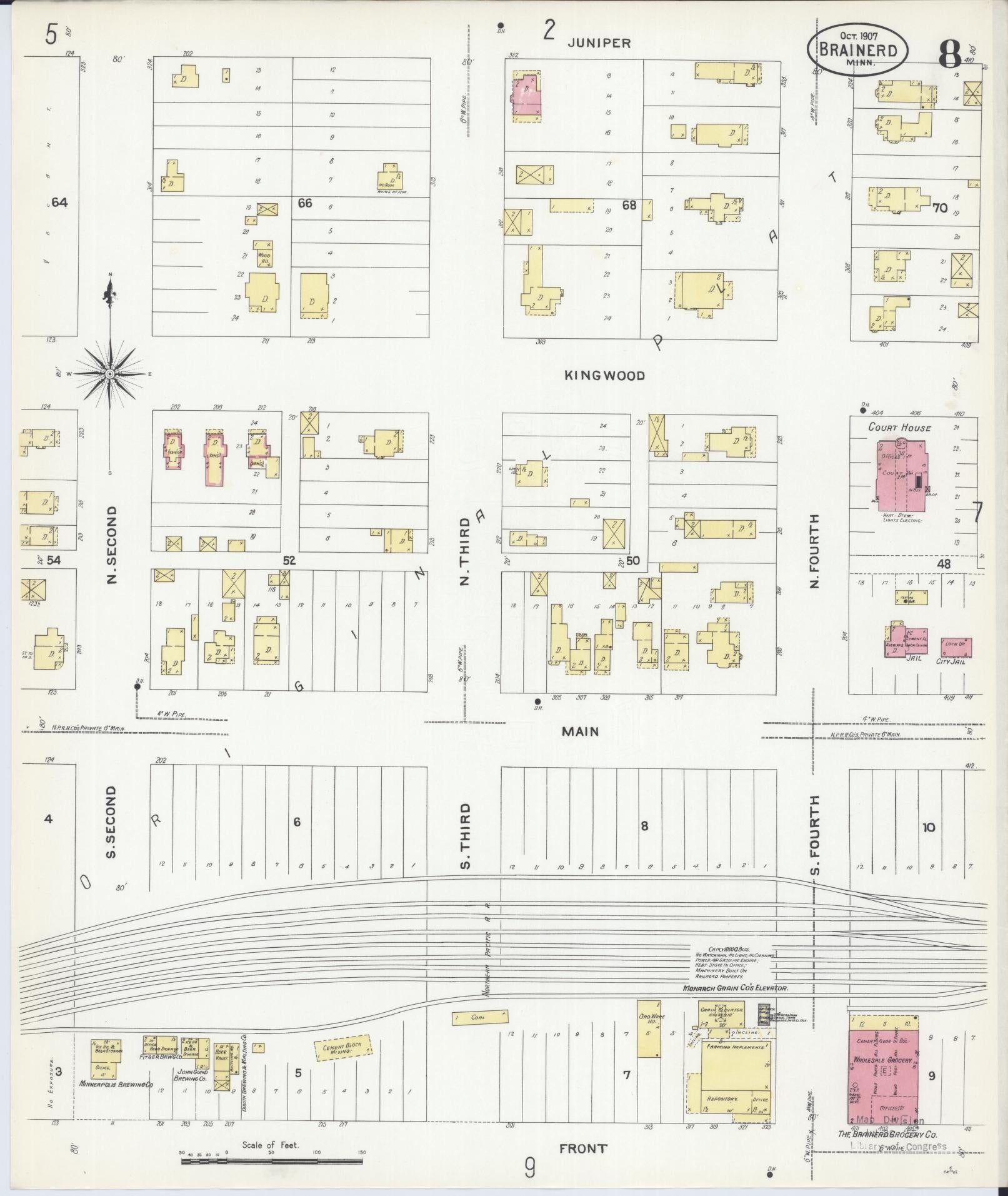 Sanborn Fire Insurance Map from Brainerd, Crow Wing County, Minnesota (1907), Sheet #0008 - Historic Sanborn Fire Insurance Map Print, vintage old map wall art, antique decor, genealogy gift, Minnesota Minnesota map