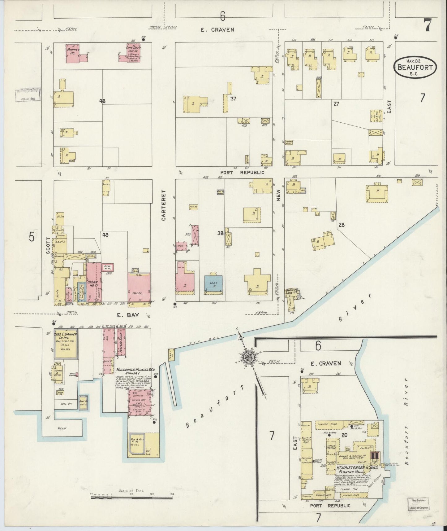 Sanborn Fire Insurance Map from Beaufort, Beaufort County, South Carolina (1912), Sheet #0007 - Historic Sanborn Fire Insurance Map Print, vintage old map wall art, antique decor, genealogy gift, South Carolina South Carolina map