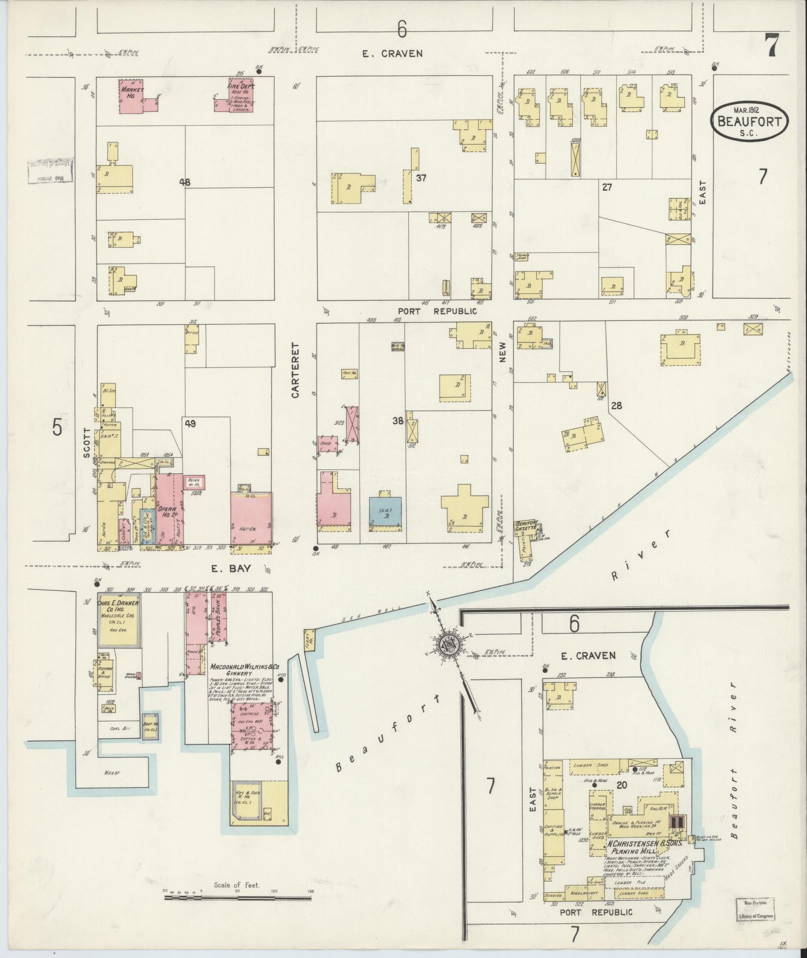Sanborn Fire Insurance Map from Beaufort, Beaufort County, South Carolina (1912), Sheet #0007 - Historic Sanborn Fire Insurance Map Print, vintage old map wall art, antique decor, genealogy gift, South Carolina South Carolina map