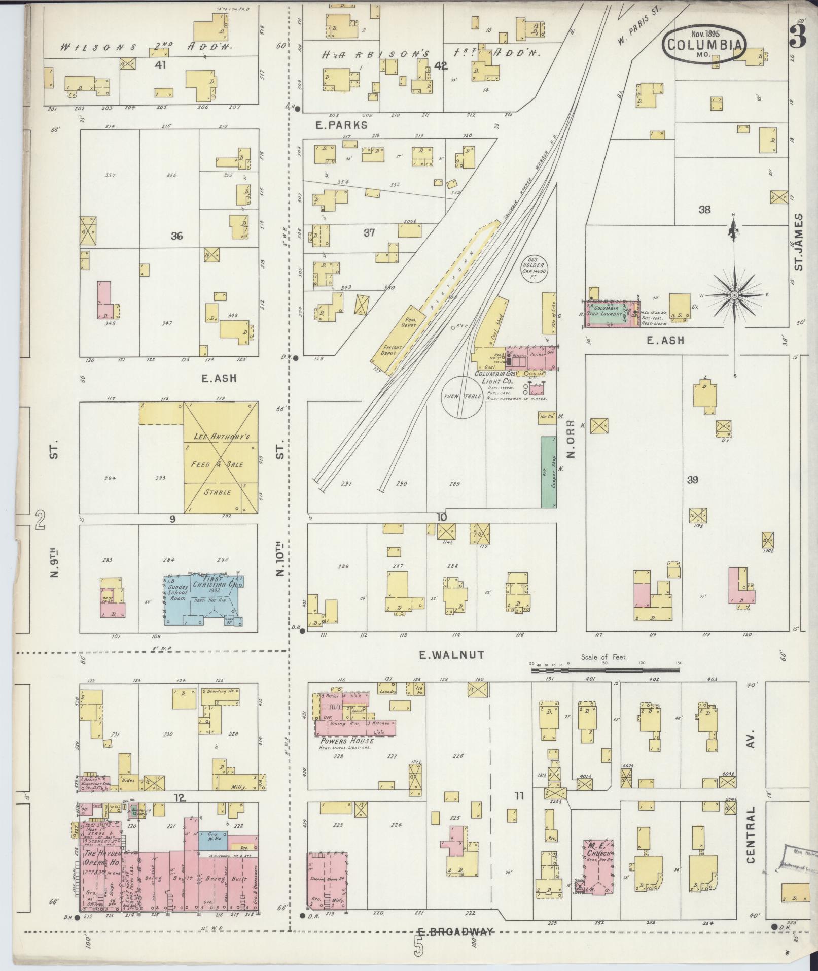 Sanborn Fire Insurance Map from Columbia, Boone County, Missouri (1895), Sheet #0003 - Historic Sanborn Fire Insurance Map Print, vintage old map wall art, antique decor, genealogy gift, Missouri Missouri map