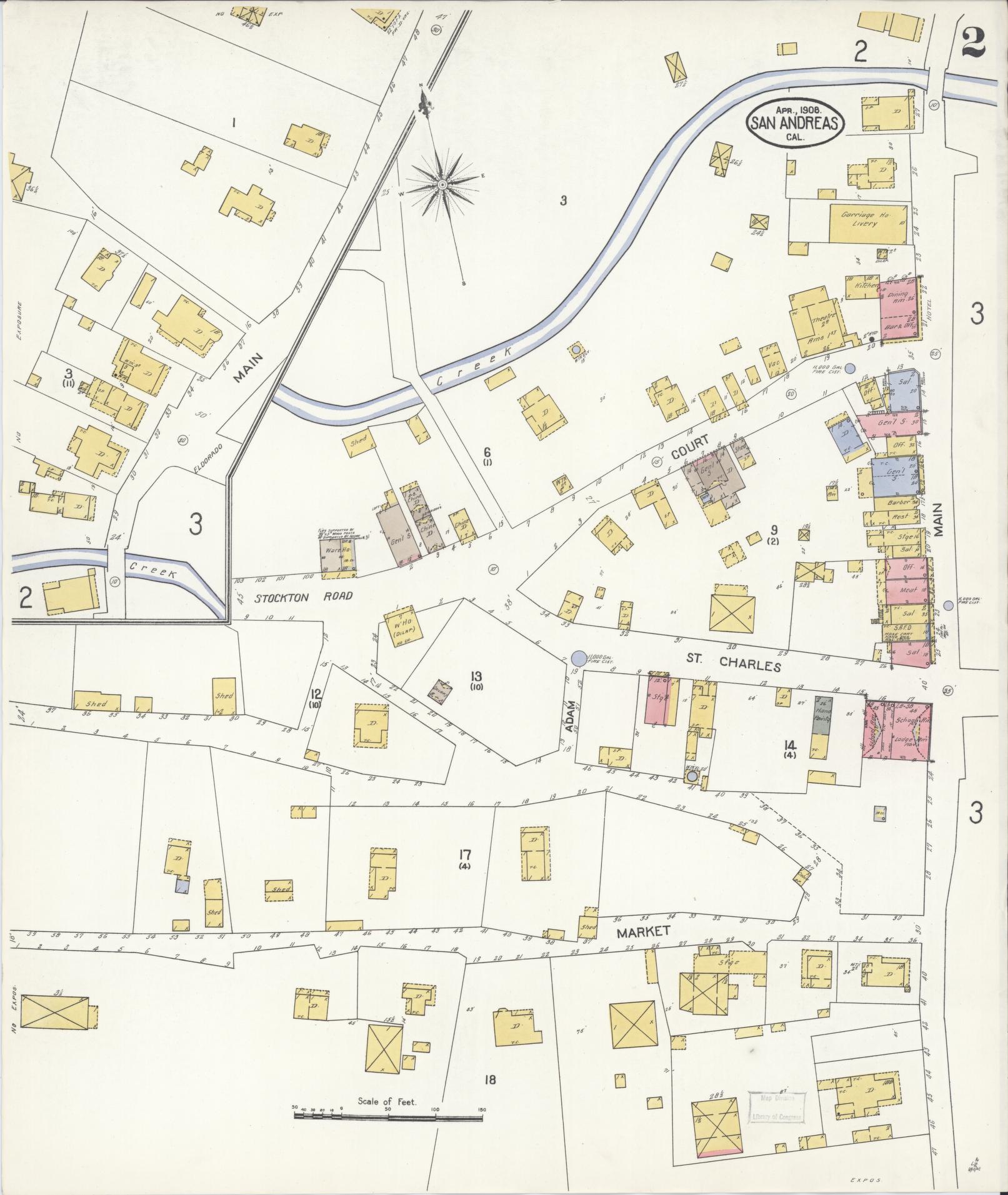 Sanborn Fire Insurance Map from San Andreas, Calaveras County, California (1908), Sheet #0002 - Complete Map Set gallery image, historic Sanborn map, vintage wall art, California California